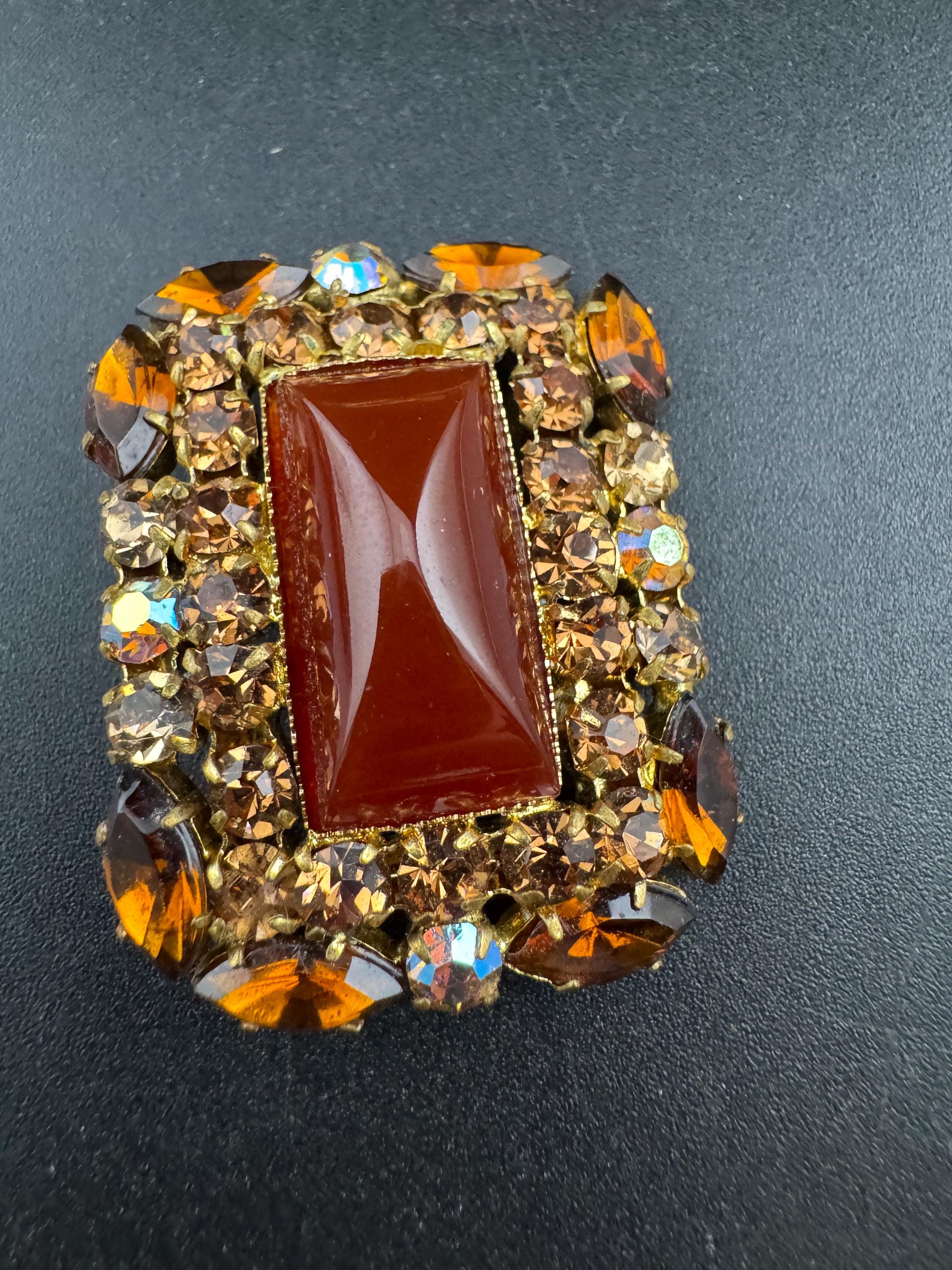 vintage orange citrine and brown cognac glass brooch 1950s