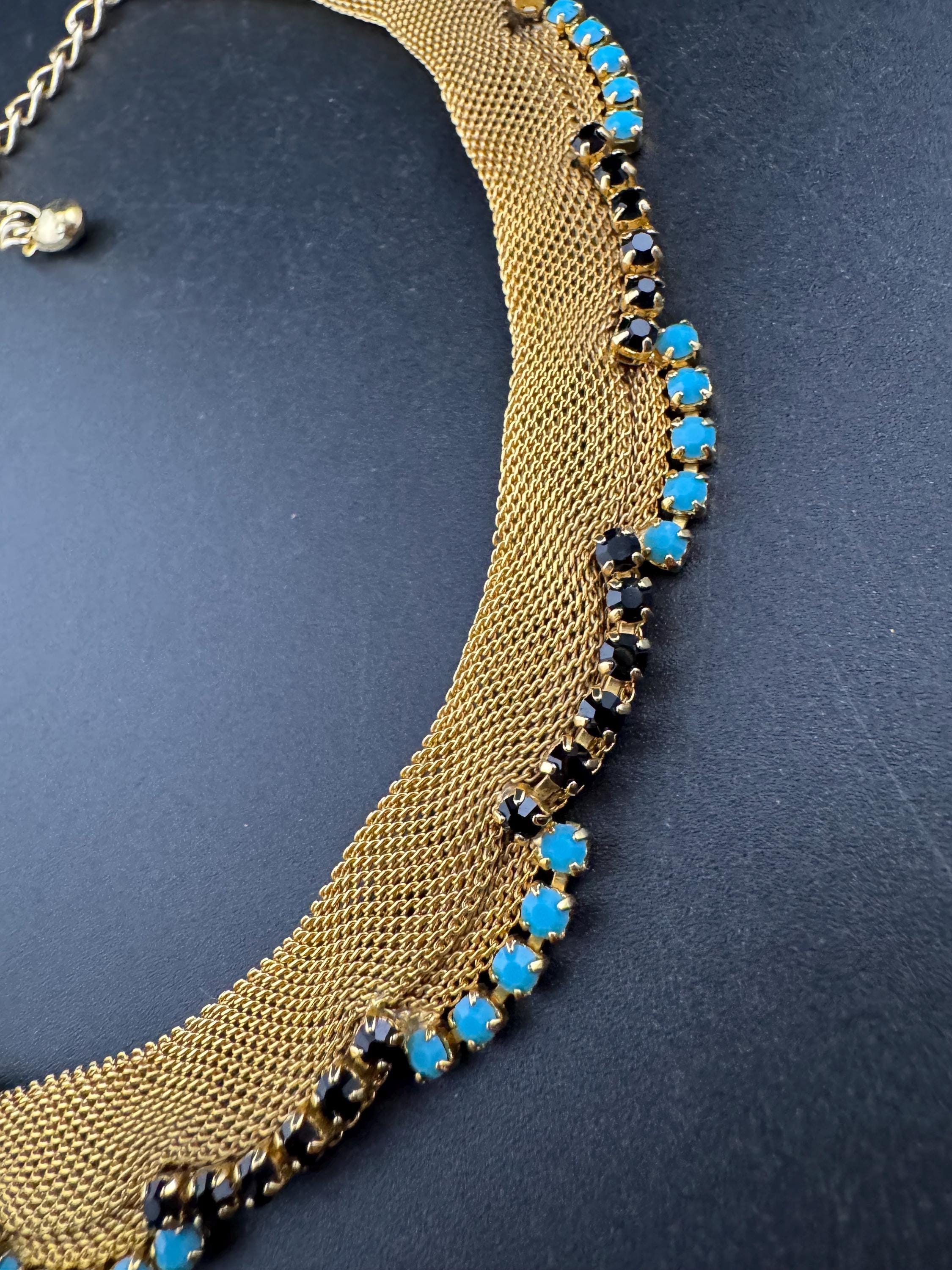 Vintage 1960s gold tone mesh scalloped choker necklace with turquoise and black glass rhinestones
