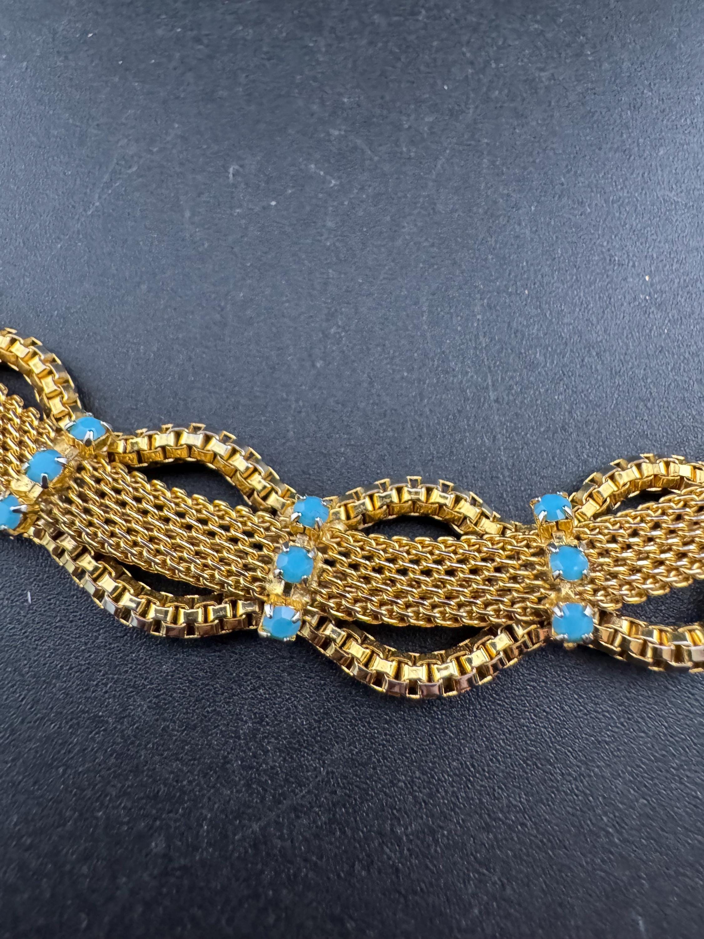 Vintage 1960s gold tone mesh scalloped choker necklace with turquoise glass rhinestones adj to 46cm long