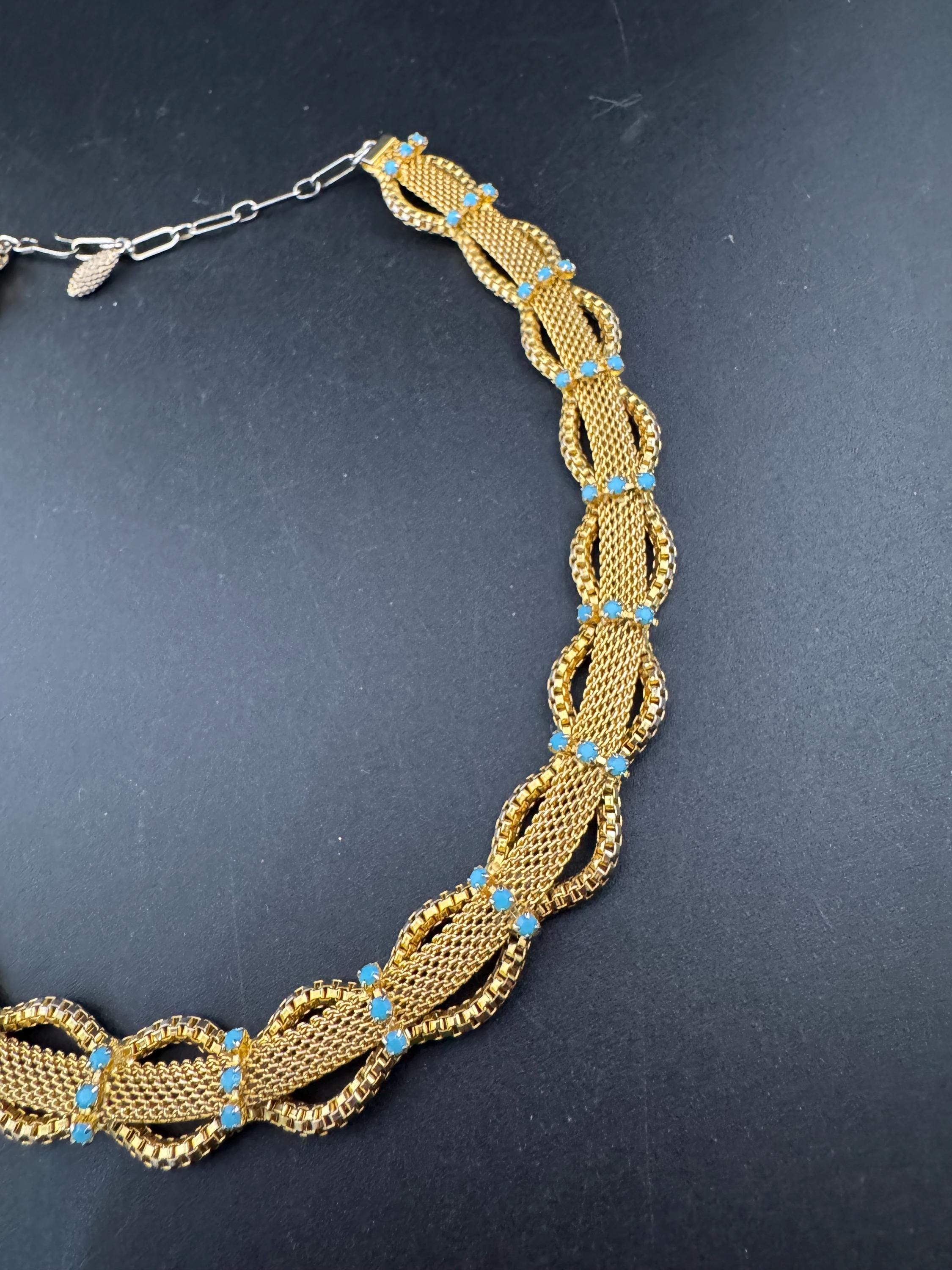 Vintage 1960s gold tone mesh scalloped choker necklace with turquoise glass rhinestones adj to 46cm long