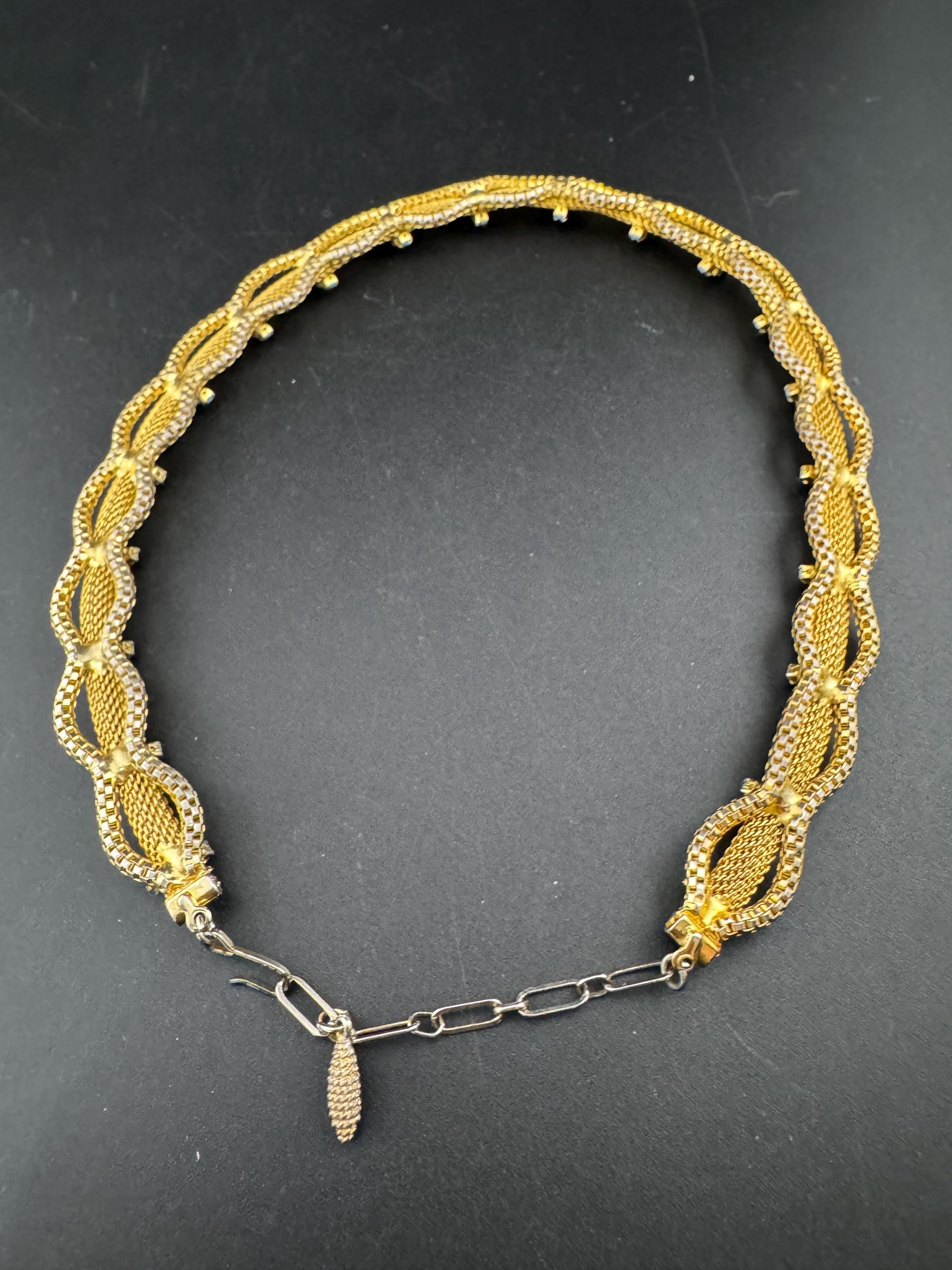 Vintage 1960s gold tone mesh scalloped choker necklace with turquoise glass rhinestones adj to 46cm long