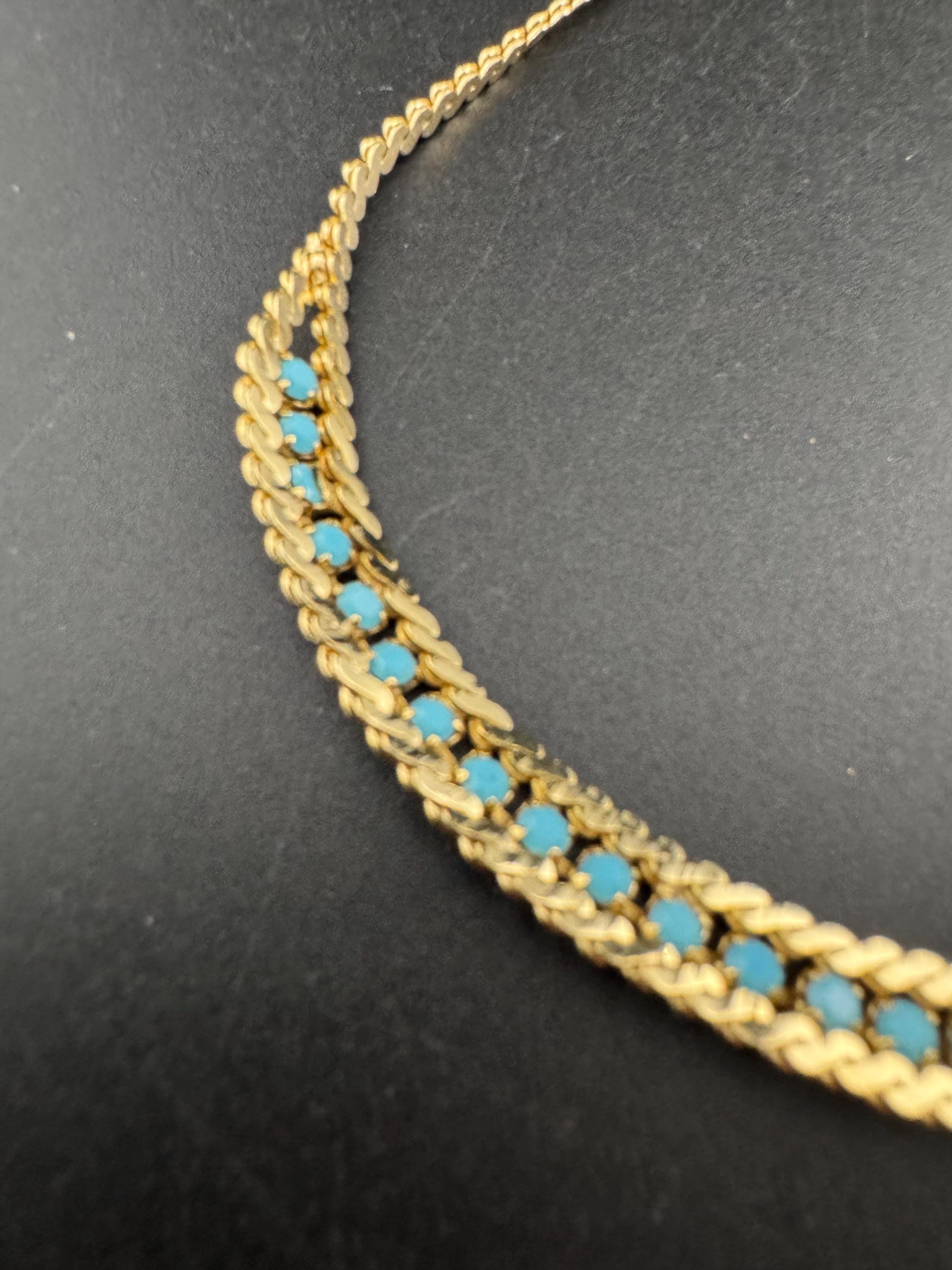 Vintage 1960s Gold Plated Serpentine Necklace: Turquoise Rhinestones