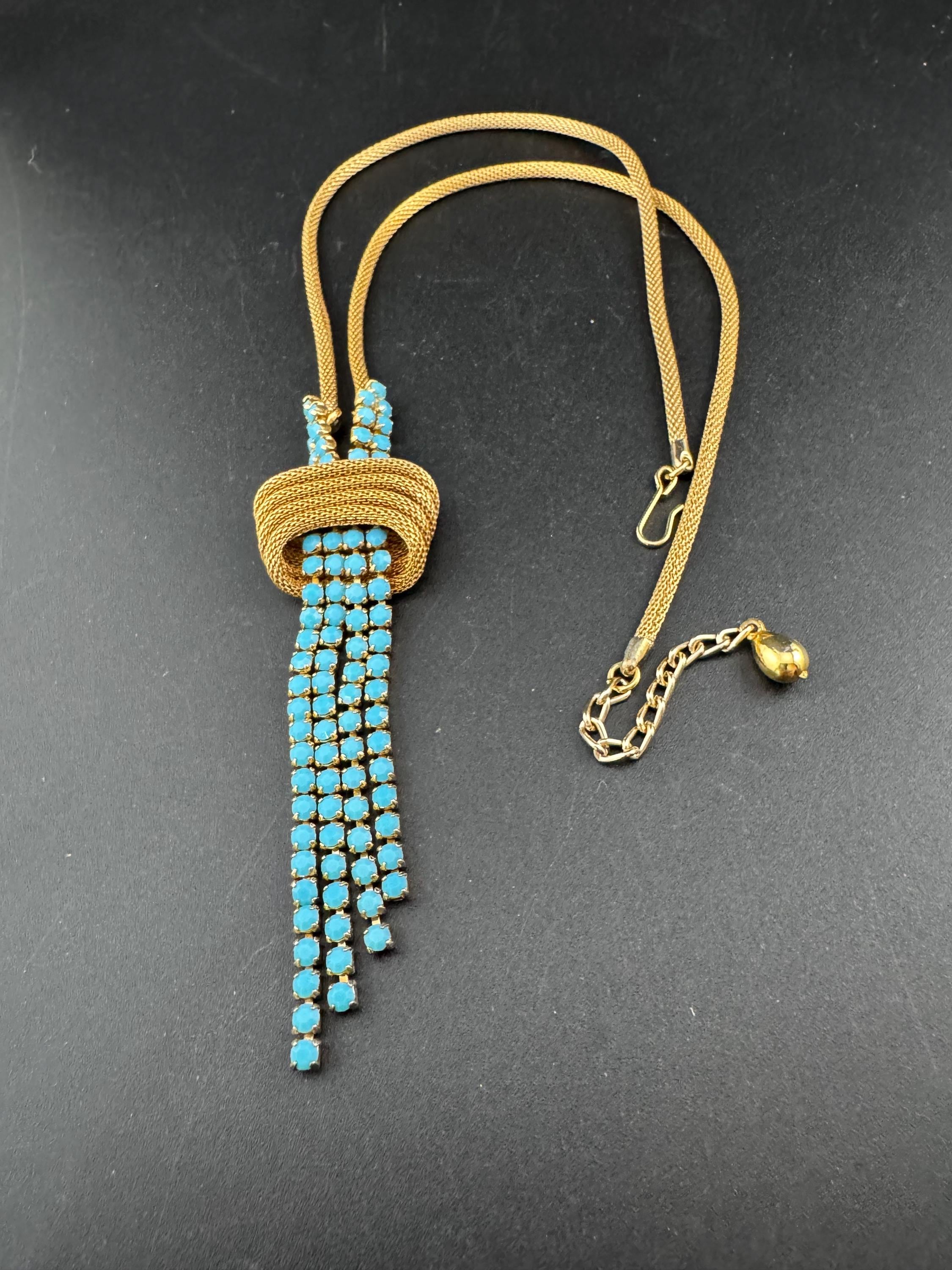 Vintage 1960s 1970s gold tone mesh lariat drop knot necklace with turquoise glass paste stones adj to 52cm long plus drop