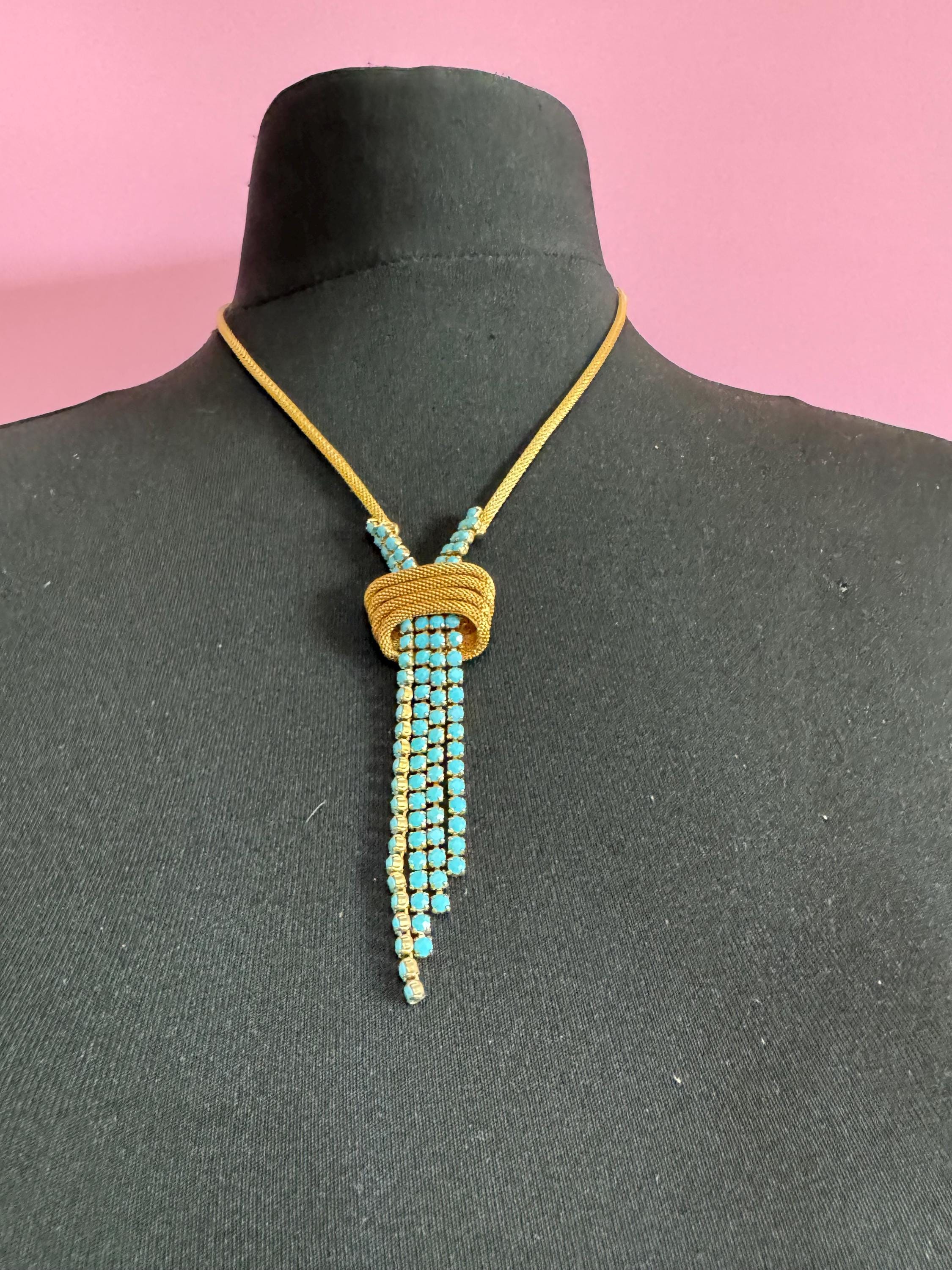 Vintage 1960s 1970s gold tone mesh lariat drop knot necklace with turquoise glass paste stones adj to 52cm long plus drop