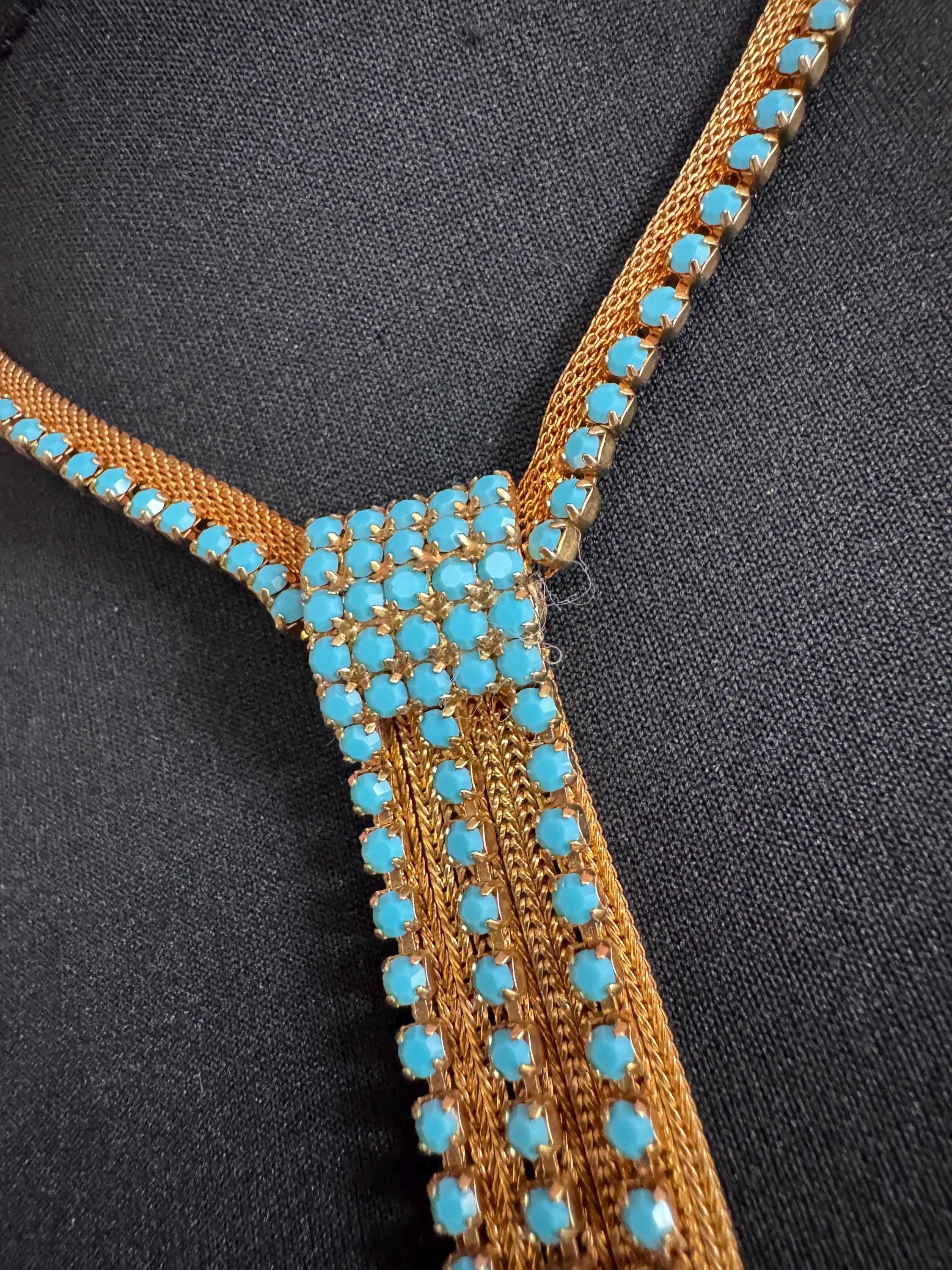 Vintage 1960s 1970s gold tone mesh lariat drop waterfall necklace with turquoise glass paste stones adj to 50cm long plus drop