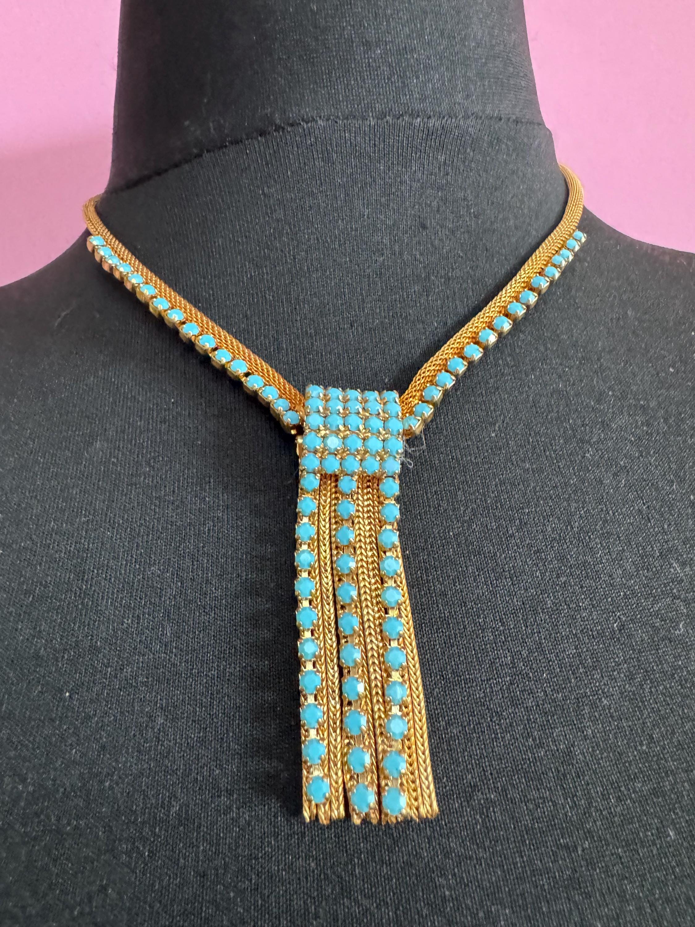 Vintage 1960s 1970s gold tone mesh lariat drop waterfall necklace with turquoise glass paste stones adj to 50cm long plus drop