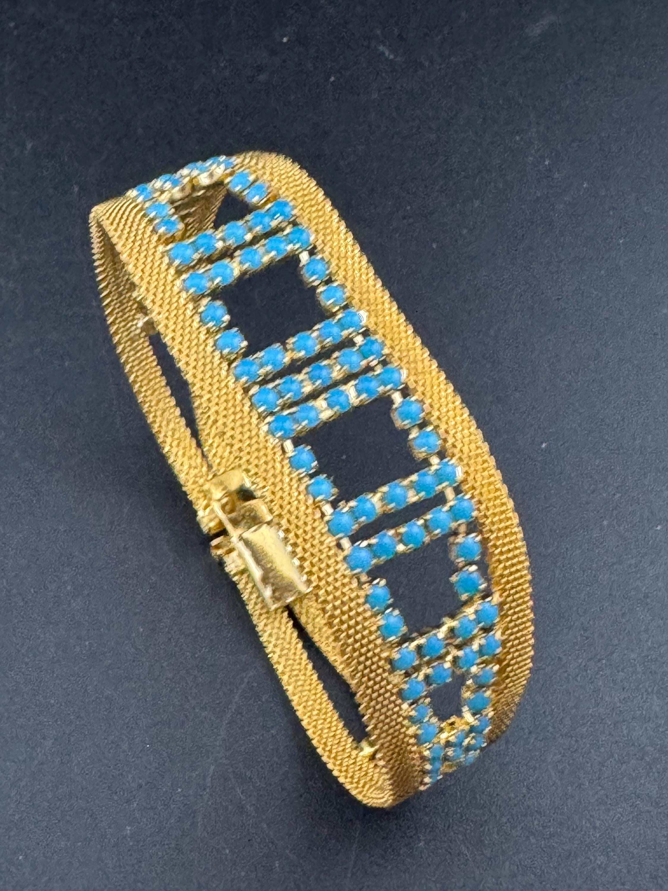 Mid century modernist gold and turquoise rhinestone gem set wide flat cuff bracelet 1960s