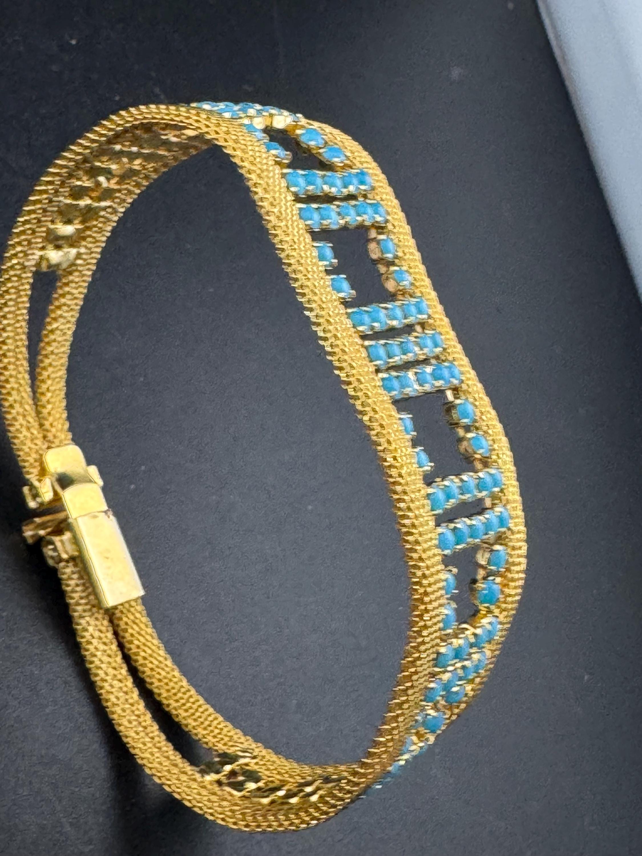 Mid century modernist gold and turquoise rhinestone gem set wide flat cuff bracelet 1960s