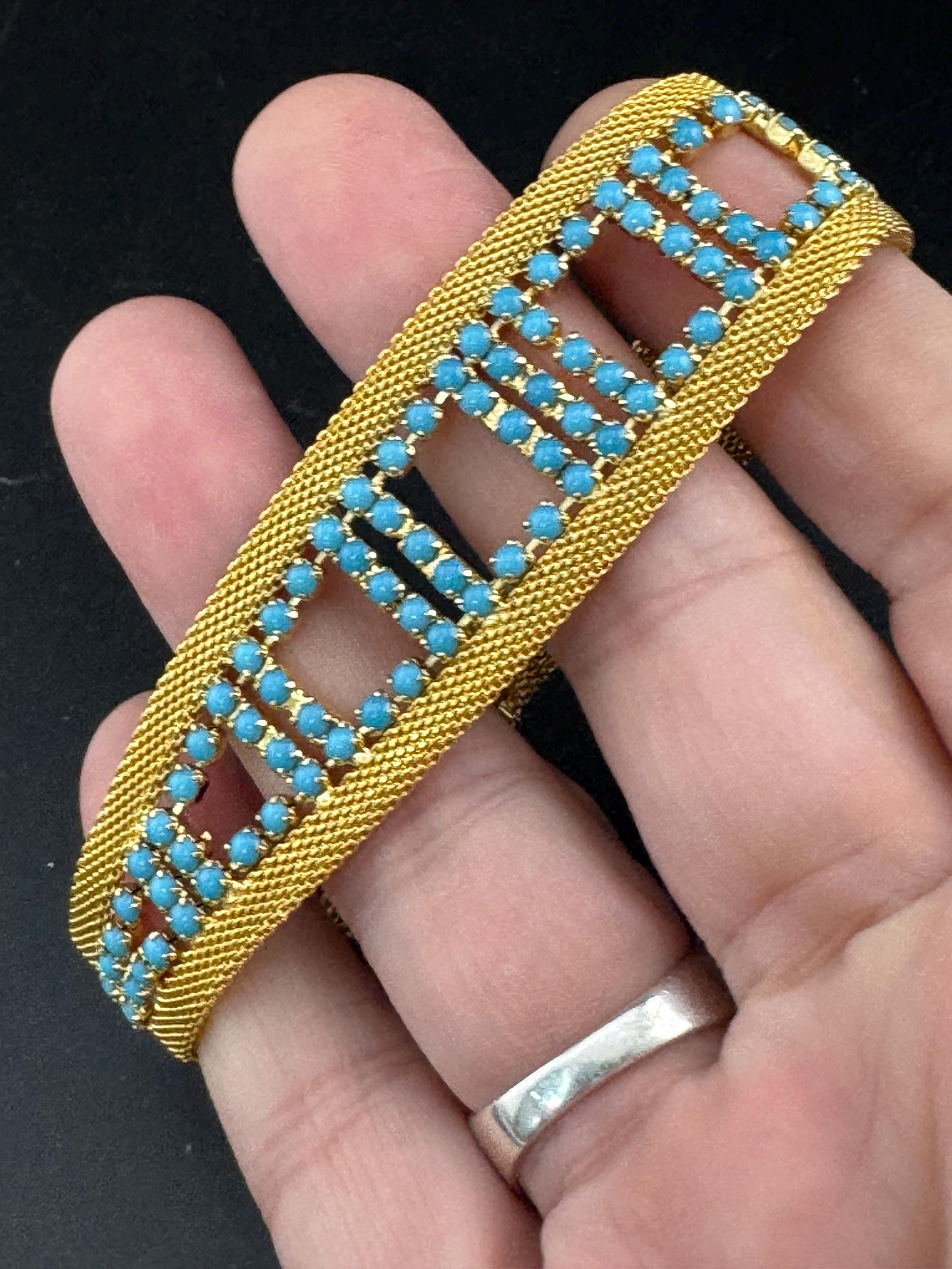Mid century modernist gold and turquoise rhinestone gem set wide flat cuff bracelet 1960s