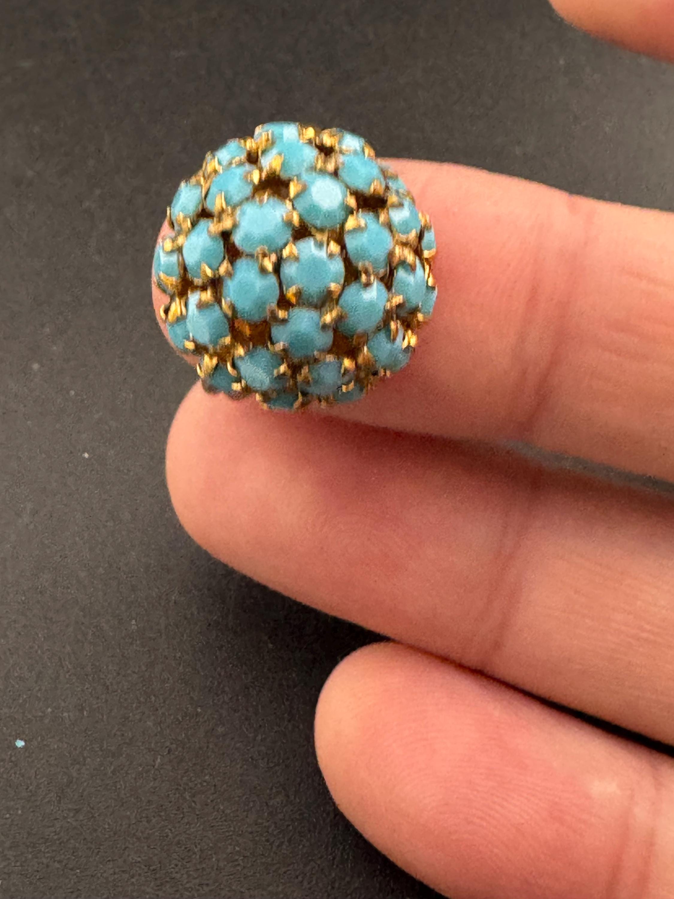 Vintage adjustable gold tone metal turquoise glass rhinestone domed dress cocktail ring