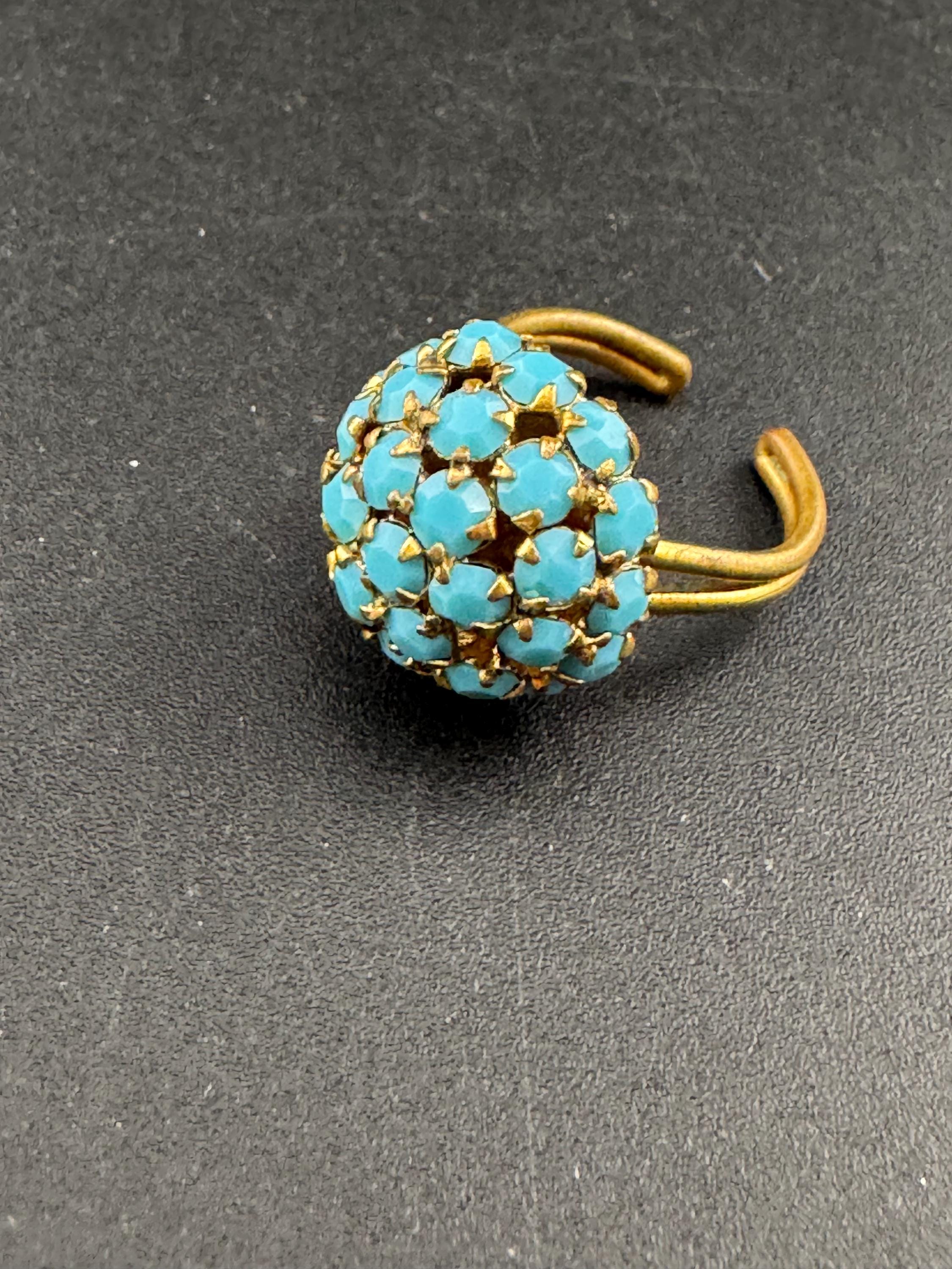 Vintage adjustable gold tone metal turquoise glass rhinestone domed dress cocktail ring