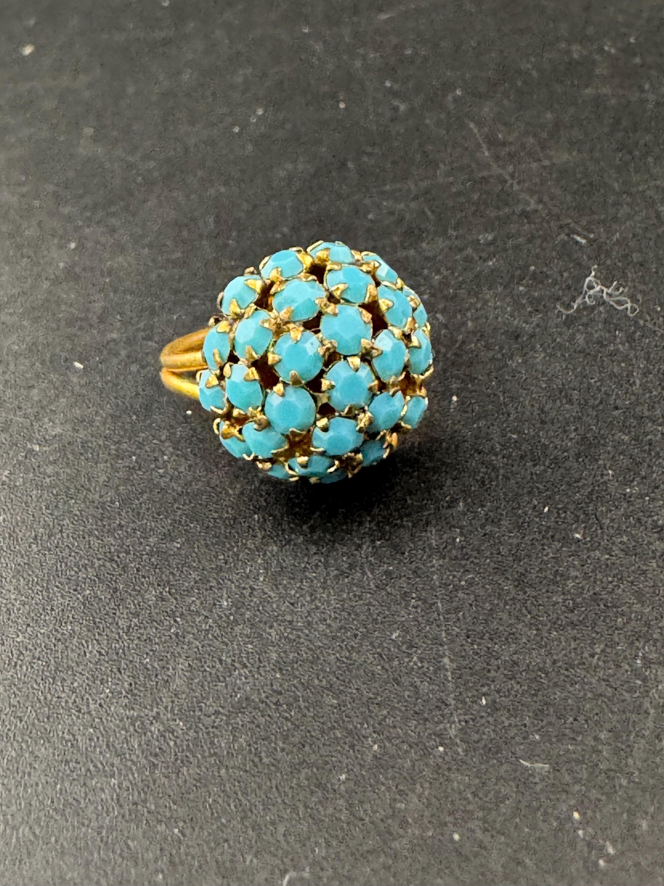 Vintage adjustable gold tone metal turquoise glass rhinestone domed dress cocktail ring