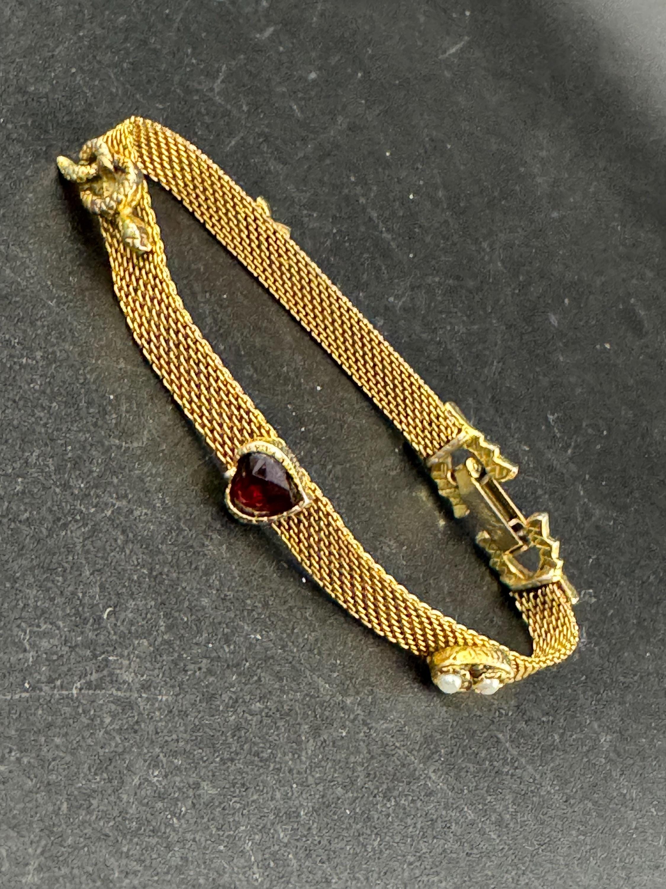 signed goldette Vintage Gold Tone mesh bracelet set with turquoise beads, snake, seed pearls and red heart rhinestone