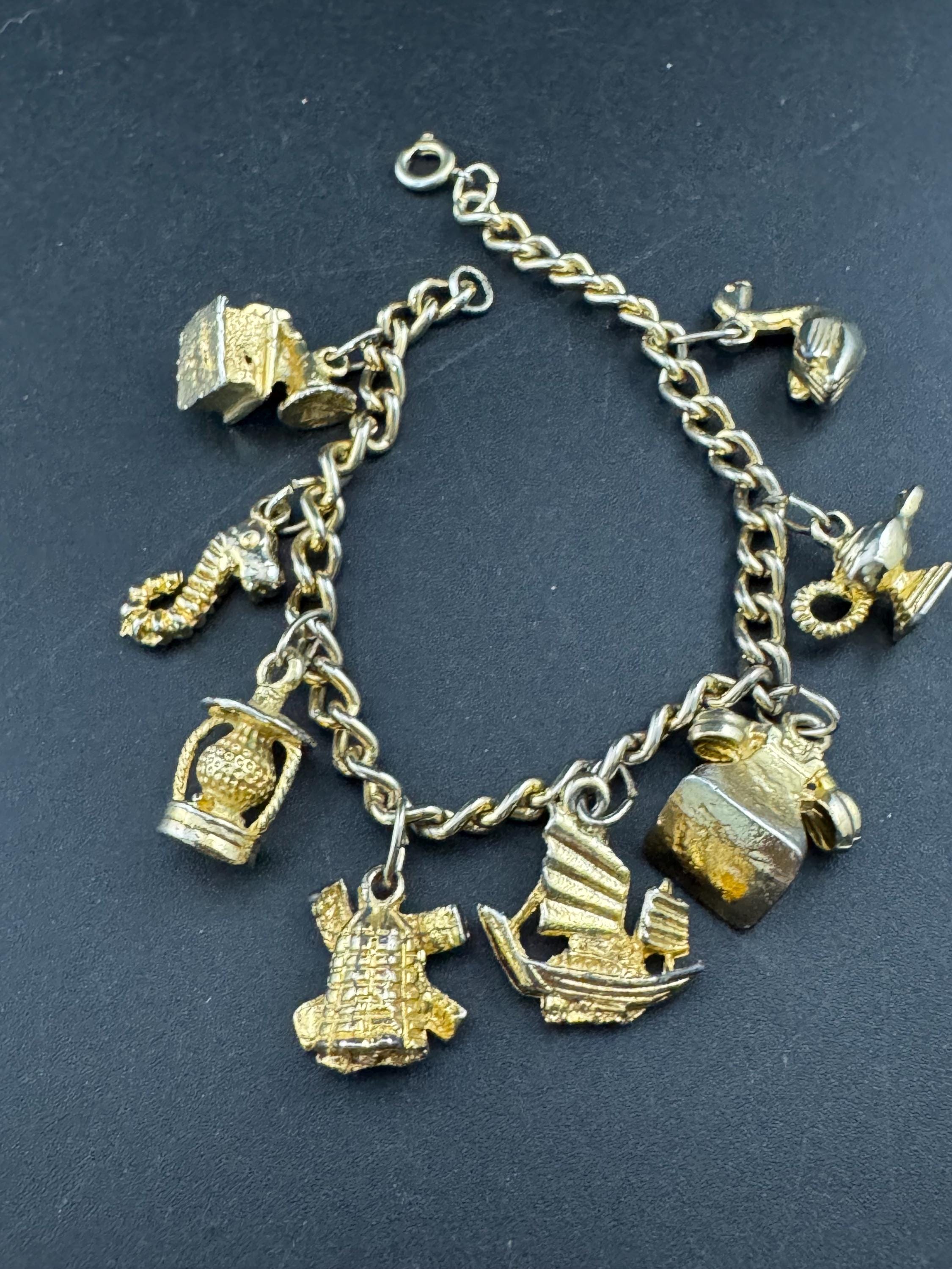 Vintage retro Gold tone chain link charm bracelet windmill seahorse lamp boat lantern telephone 19cm long
