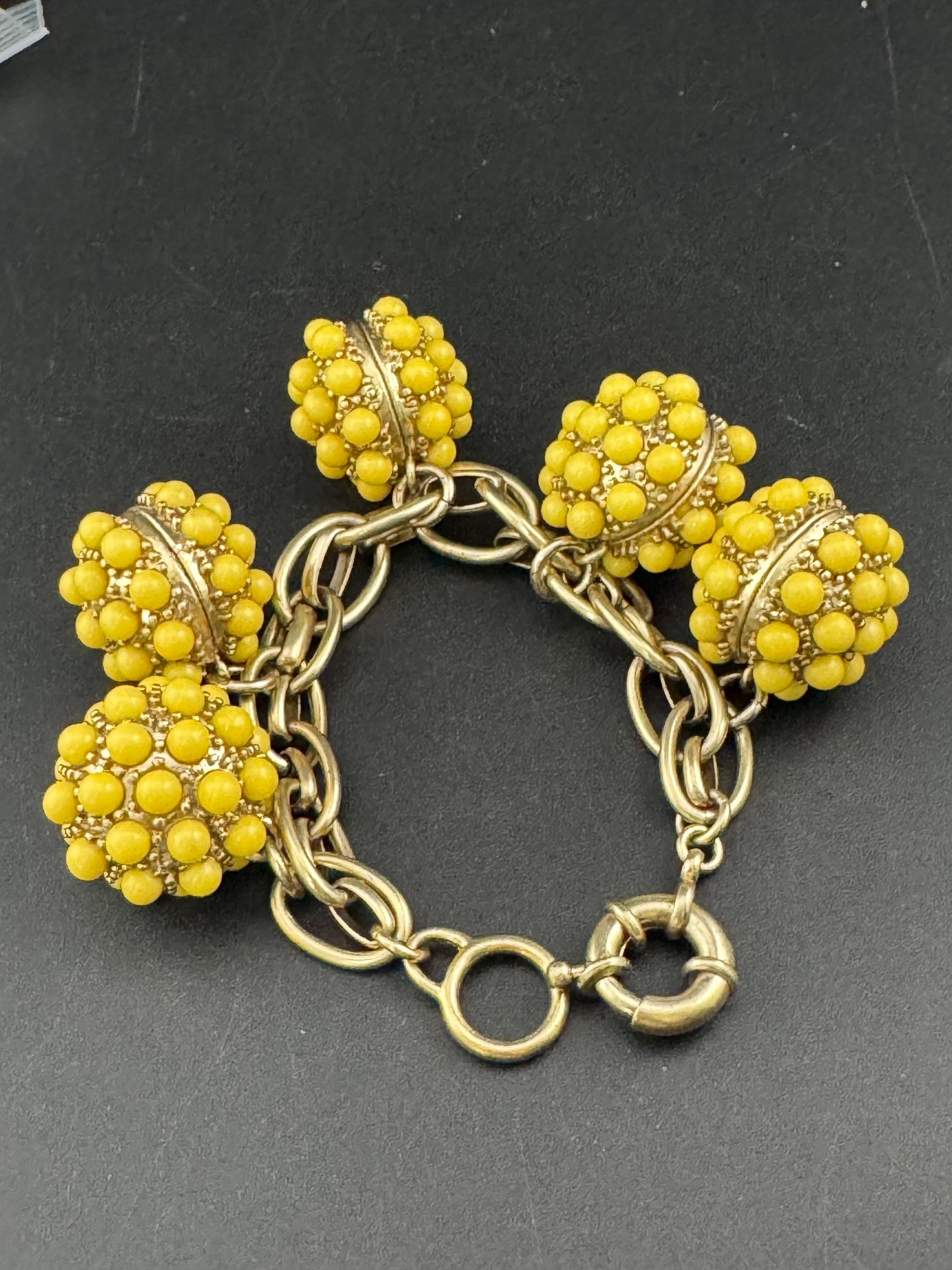 Huge Vintage Gold tone chain link very chunky 3cm yellow beaded orb charm bracelet 1960s 1950s 19cm