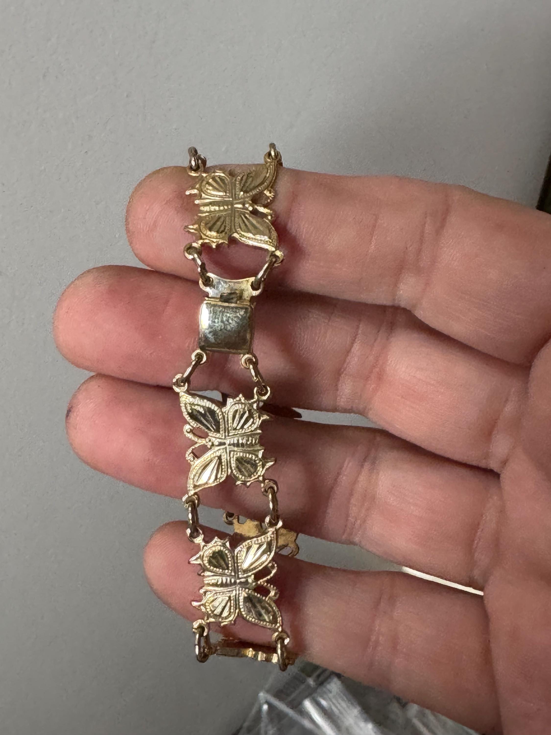 Vintage sweet rolled gold plated 1950s panel link butterfly bracelet 18cm long 14mm wide