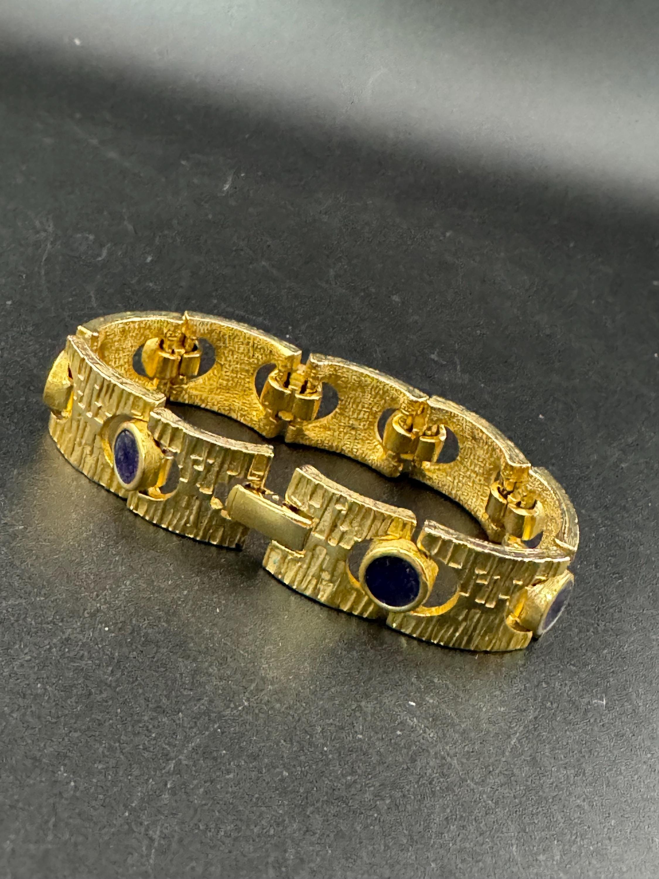 Vintage gold tone modernist gold plated blue enamel abstract brutalist chunky panel chain link bracelet 18cm