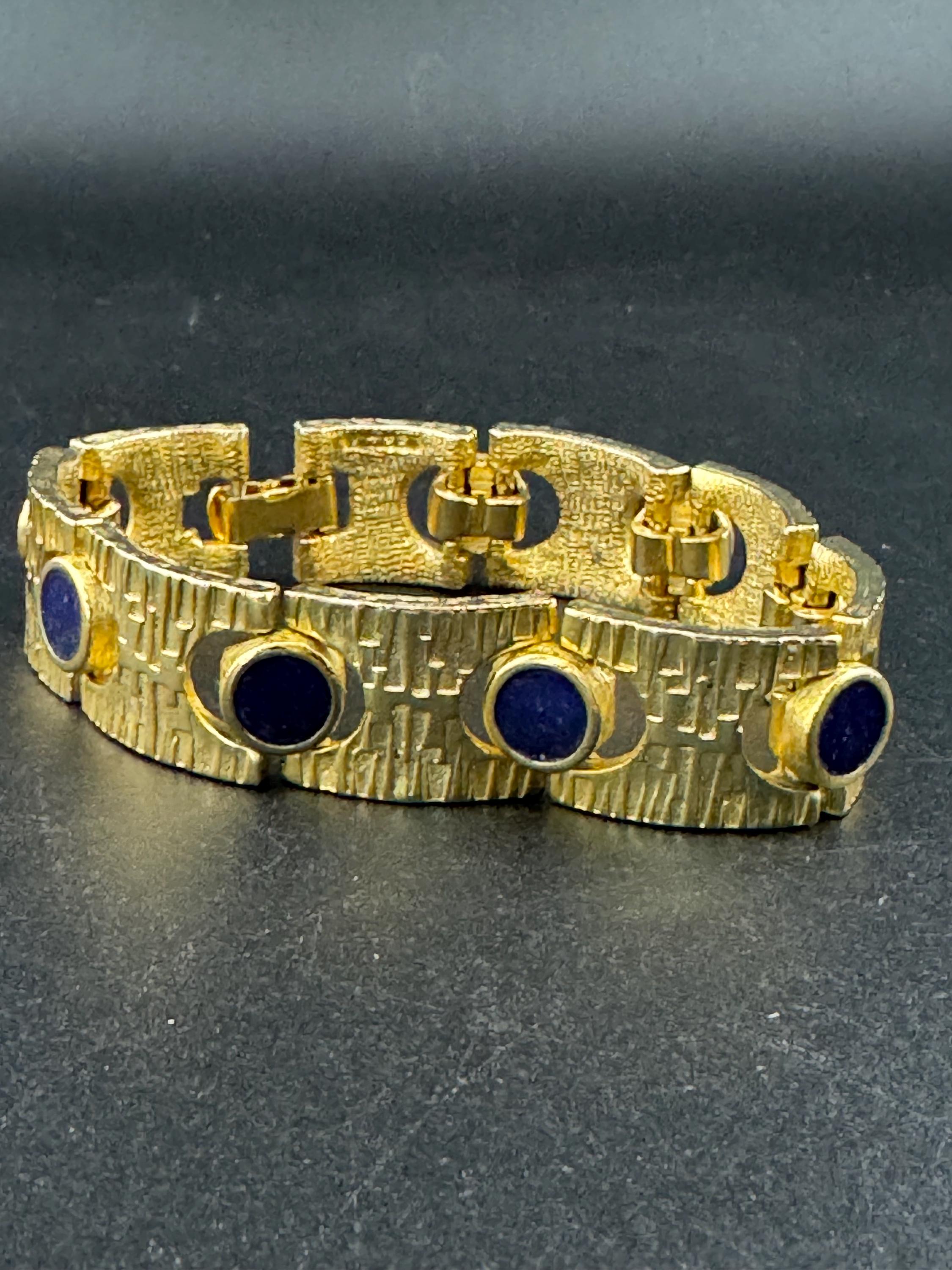 Vintage gold tone modernist gold plated blue enamel abstract brutalist chunky panel chain link bracelet 18cm