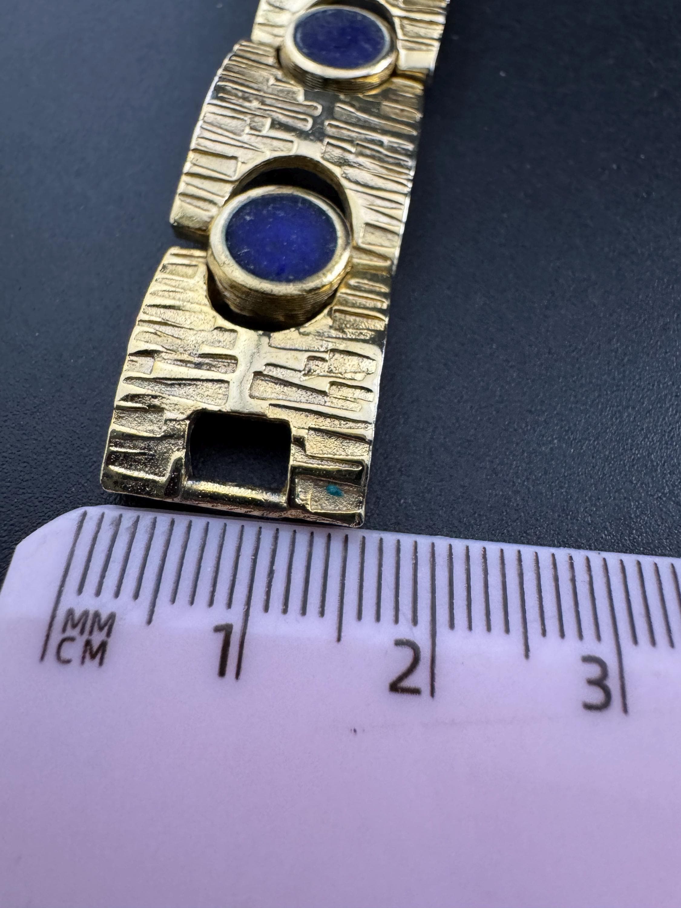 Vintage gold tone modernist gold plated blue enamel abstract brutalist chunky panel chain link bracelet 18cm