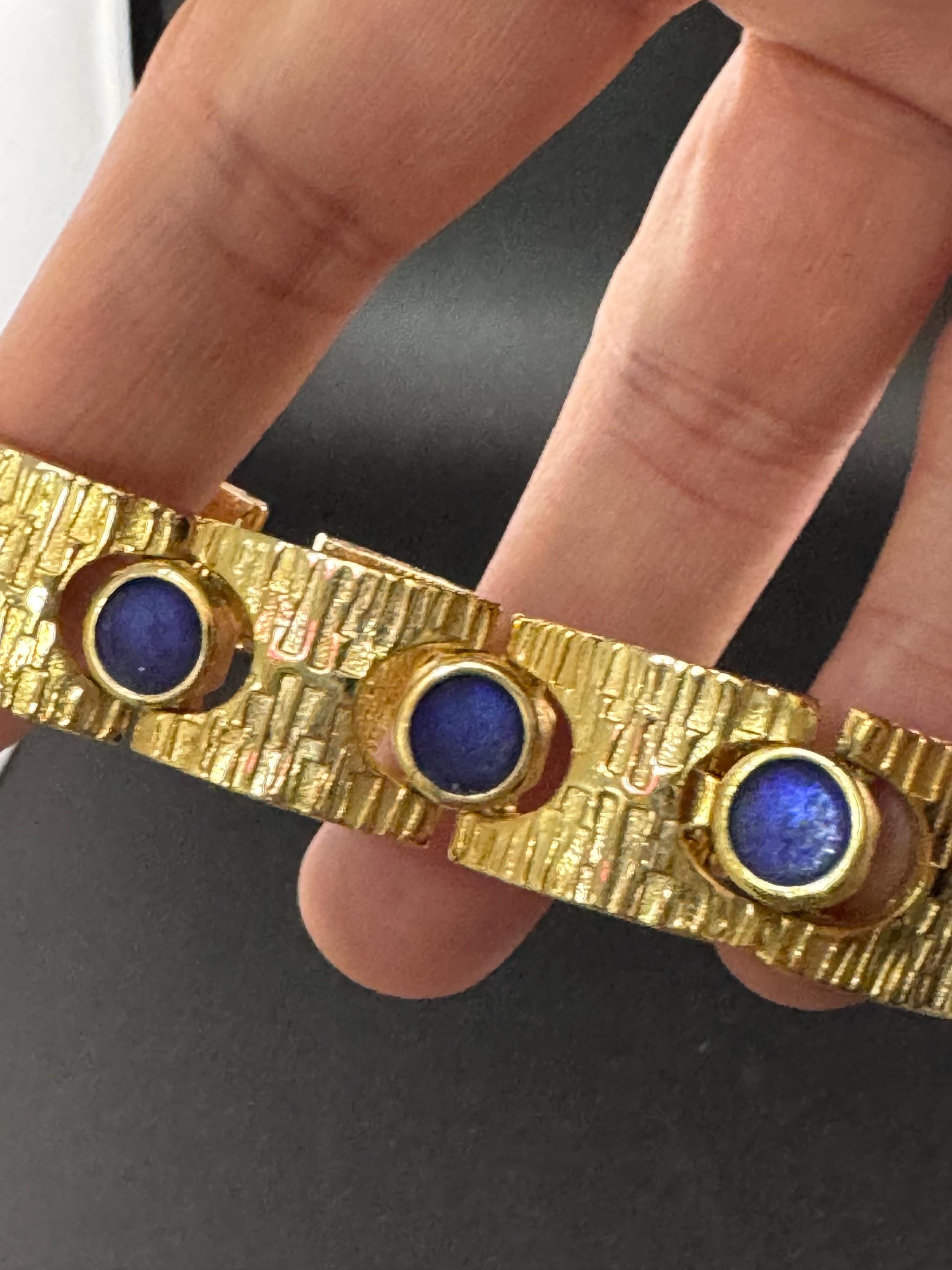Vintage gold tone modernist gold plated blue enamel abstract brutalist chunky panel chain link bracelet 18cm