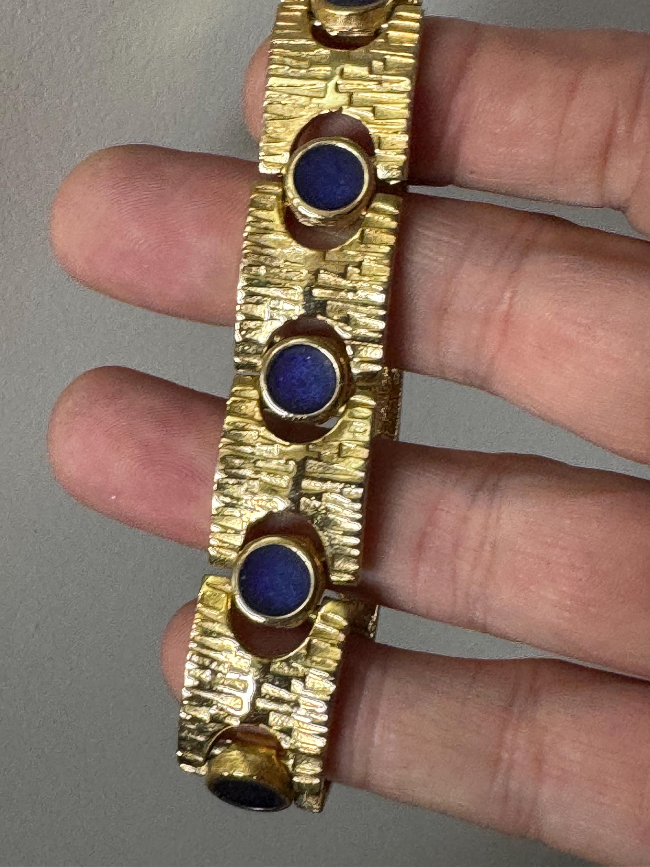 Vintage gold tone modernist gold plated blue enamel abstract brutalist chunky panel chain link bracelet 18cm
