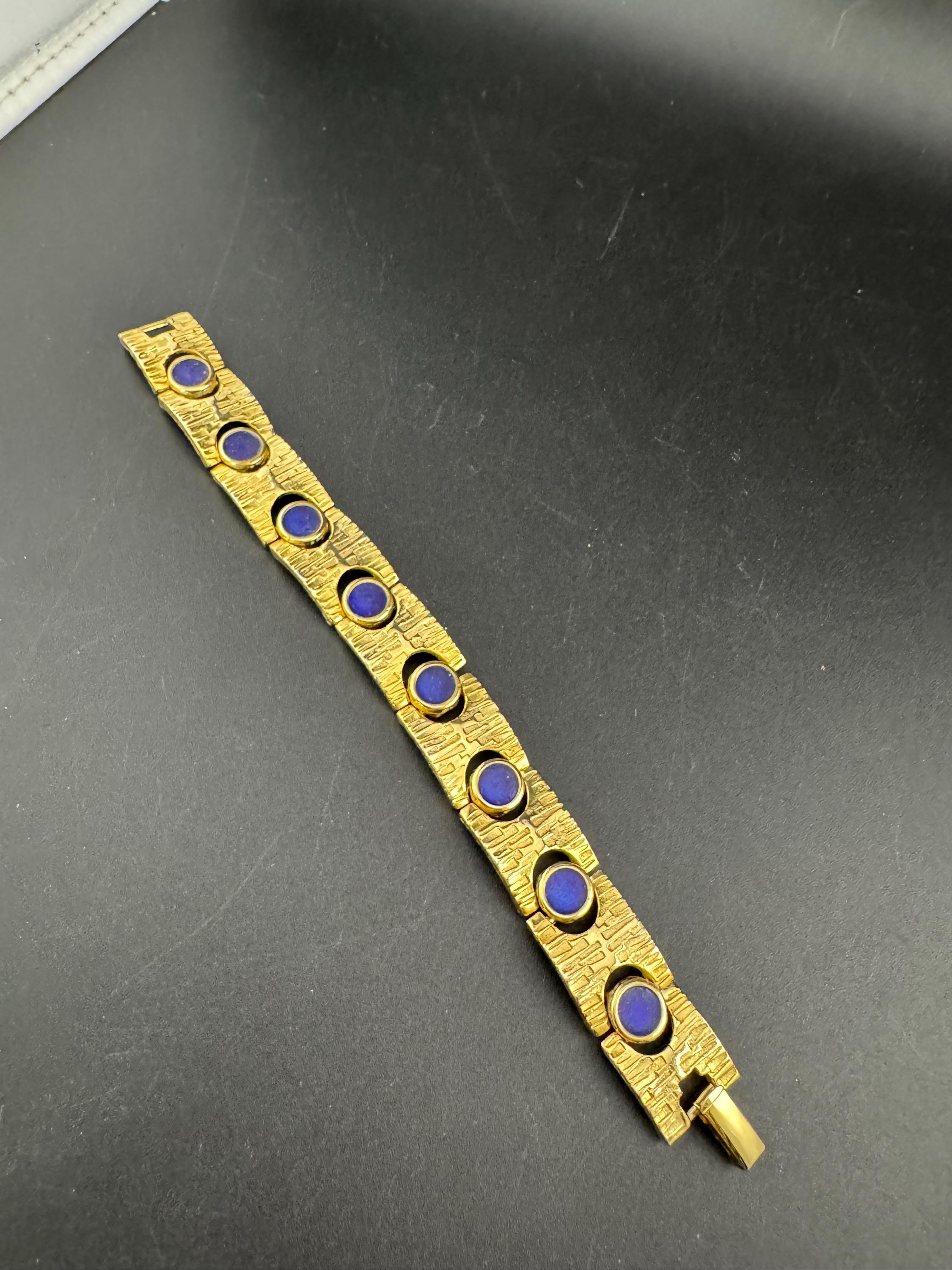 Vintage gold tone modernist gold plated blue enamel abstract brutalist chunky panel chain link bracelet 18cm