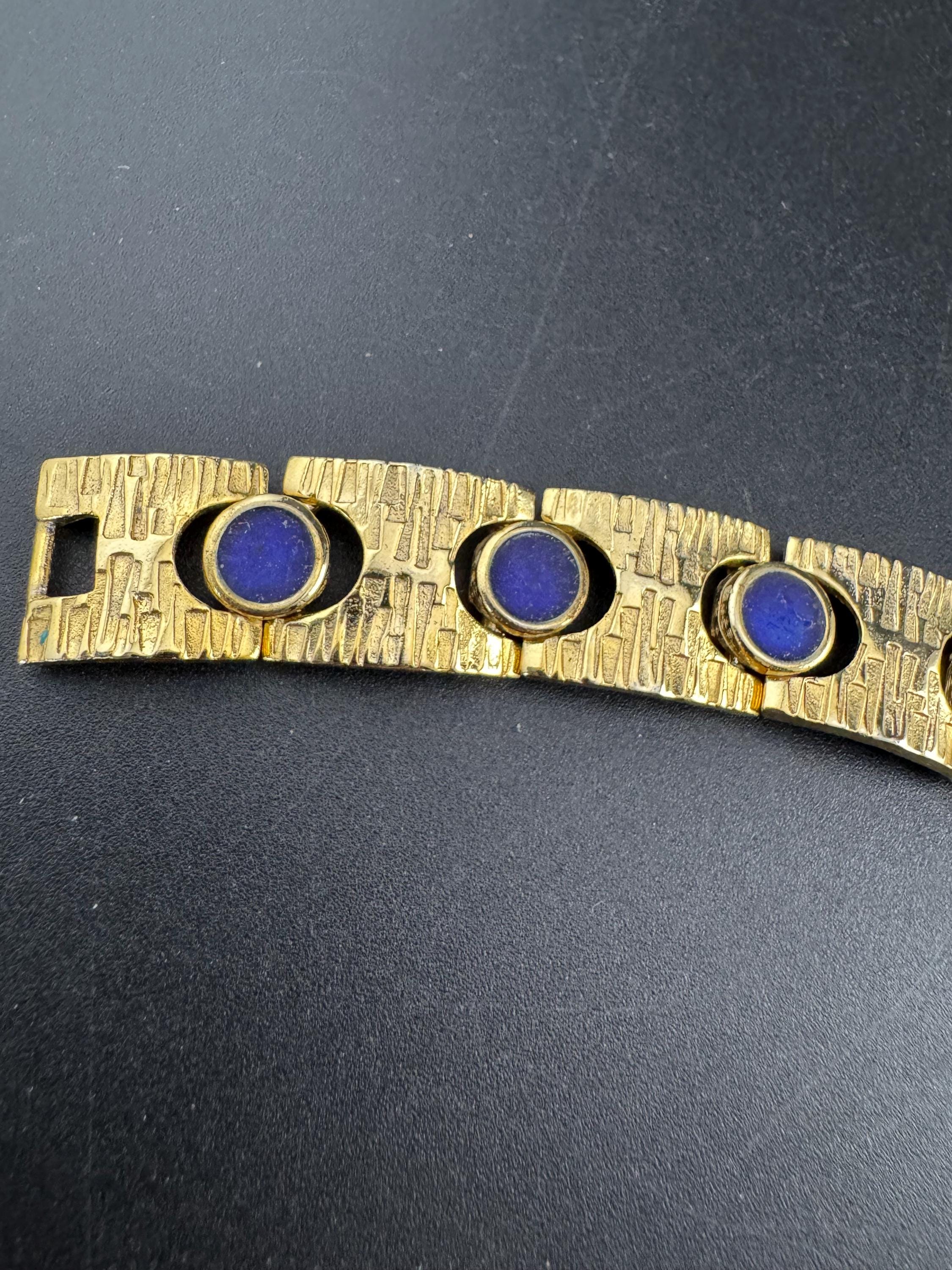 Vintage gold tone modernist gold plated blue enamel abstract brutalist chunky panel chain link bracelet 18cm