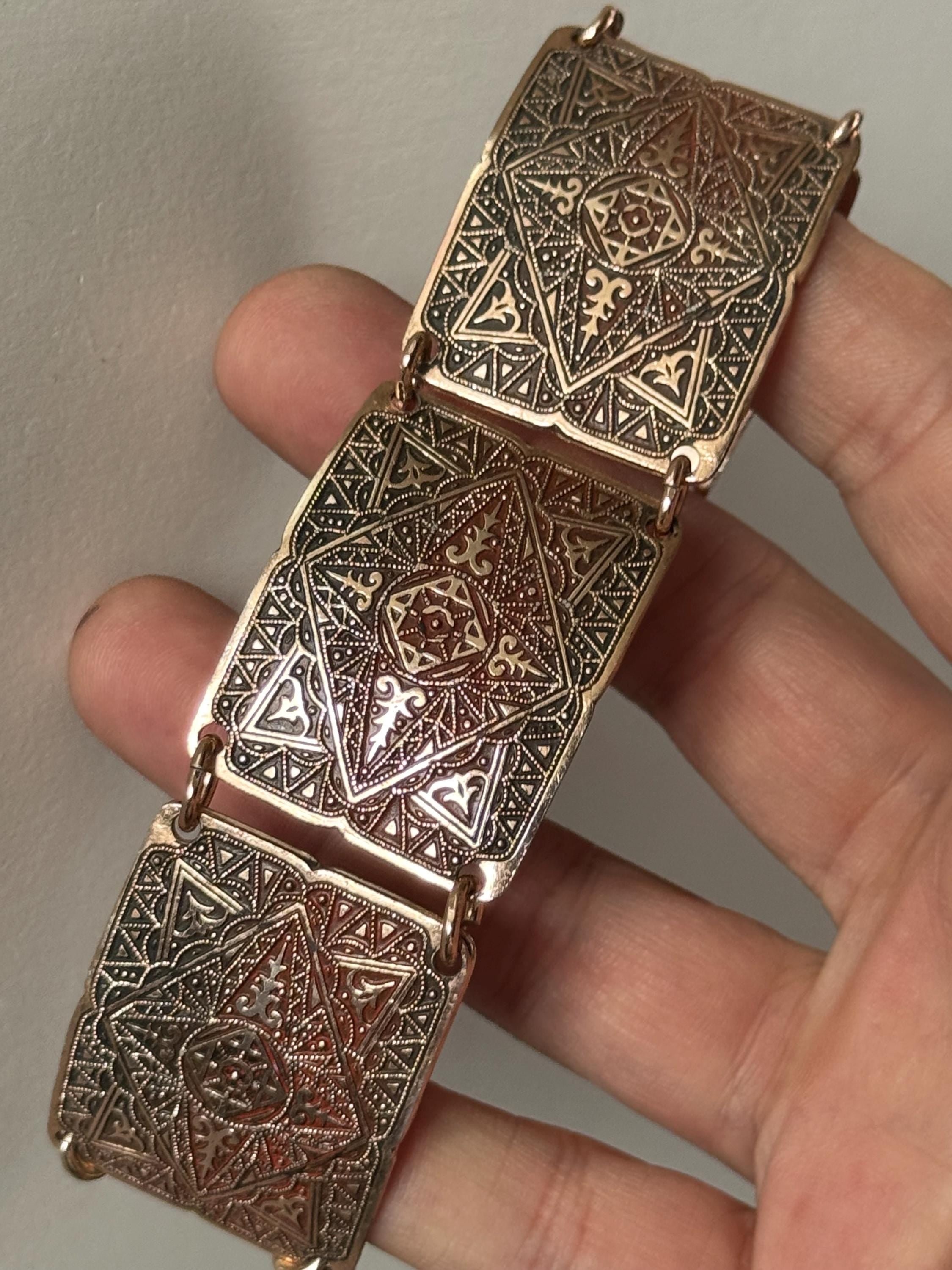 Vintage Eloxal Aluminum Panel Bracelet: Copper, Red & Gold Eastern Print