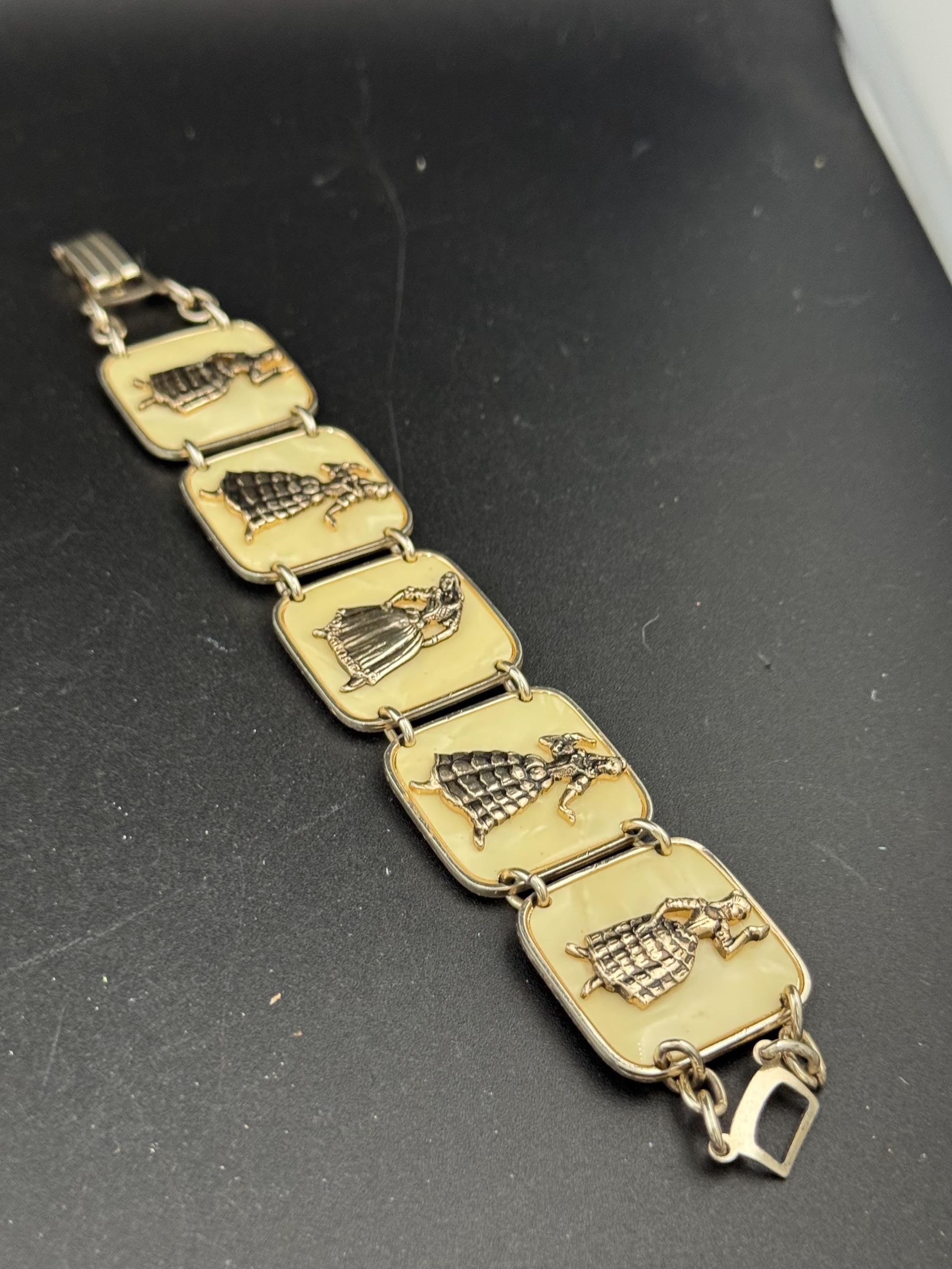 Vintage gold Tone lucite eastern dancing lady panel link bracelet lightweight aluminium Eloxal