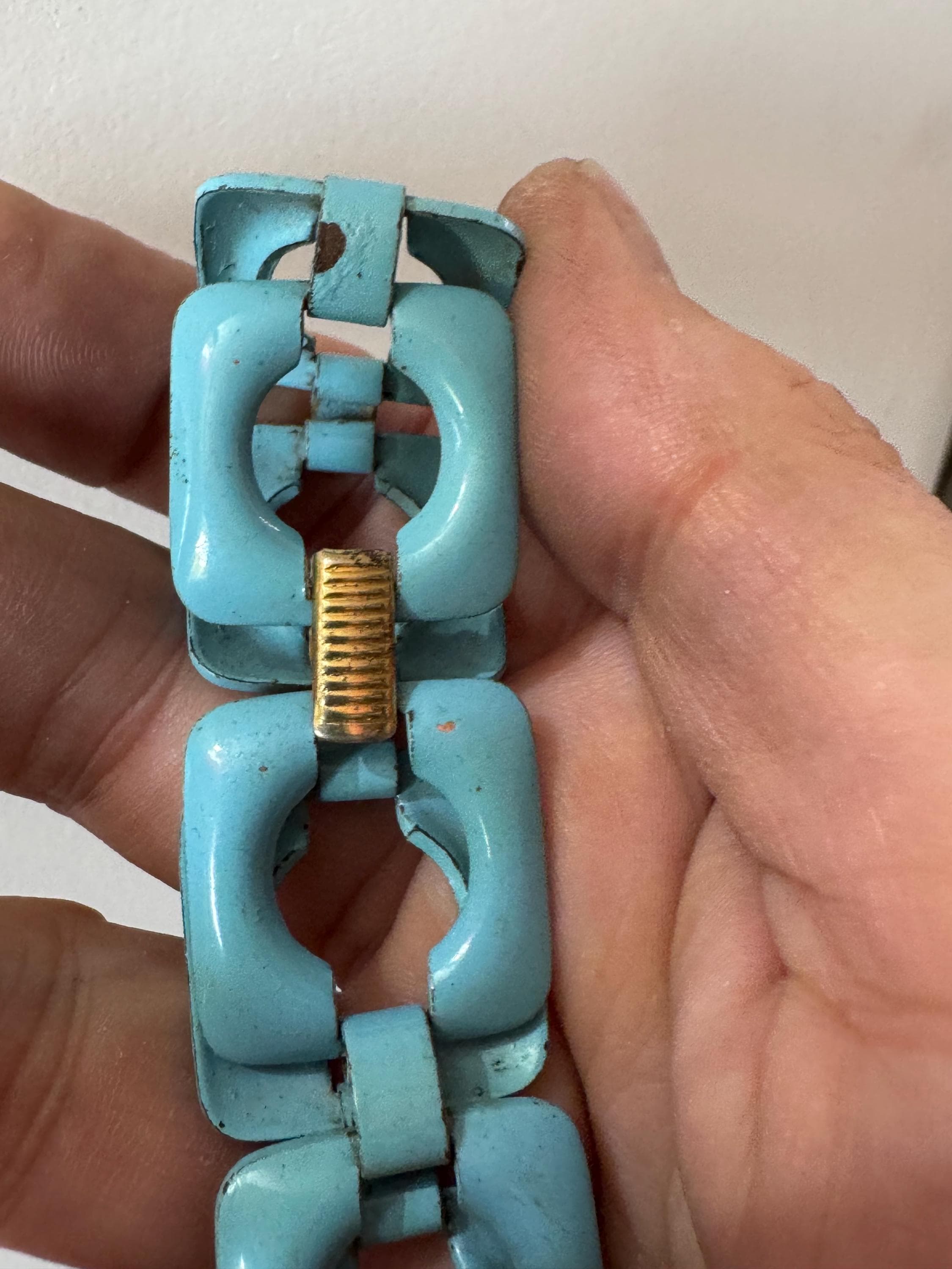 Vintage turquoise blue enamel chain link statement bracelet gold tone modernist nautical summer
