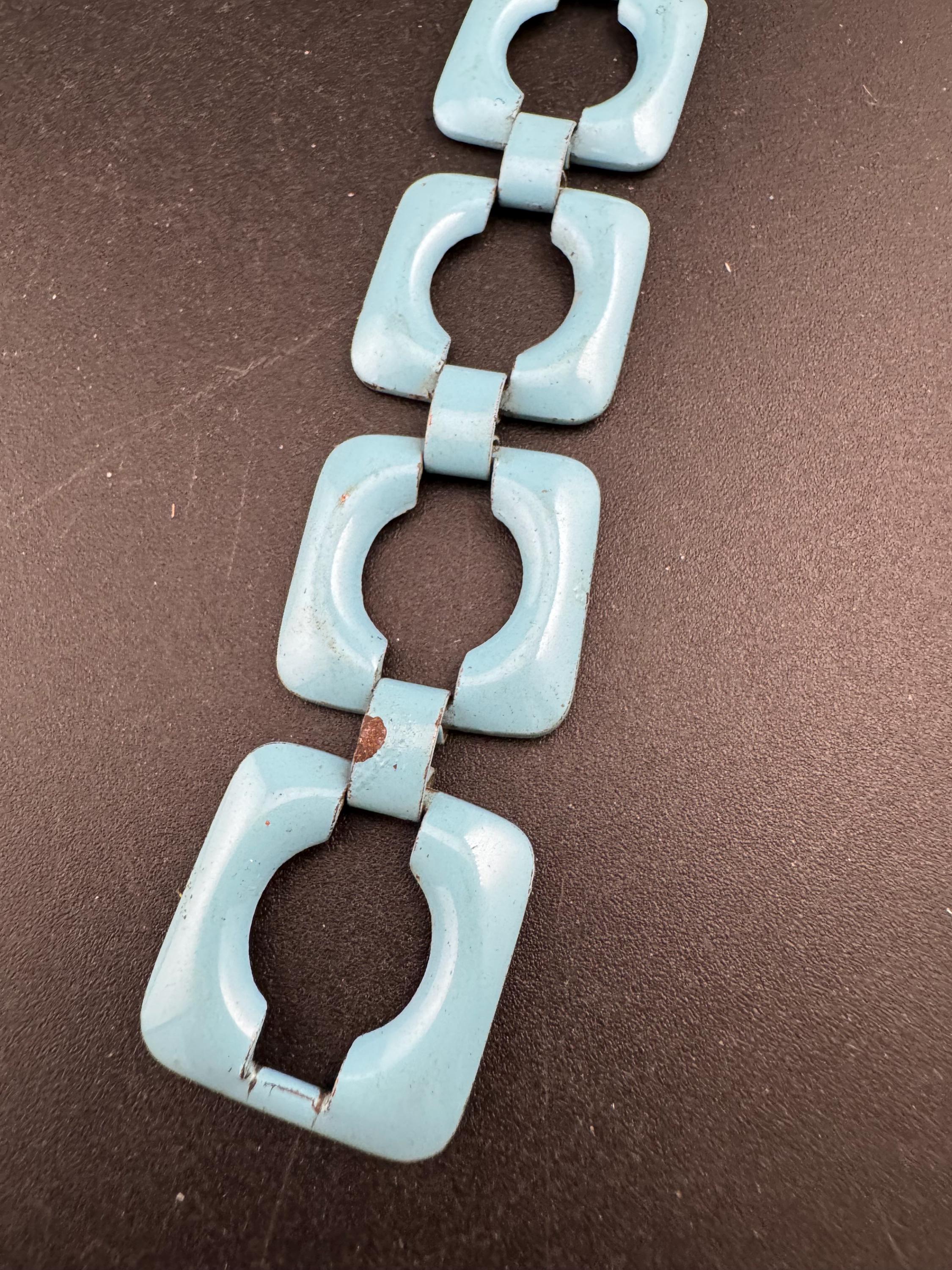 Vintage turquoise blue enamel chain link statement bracelet gold tone modernist nautical summer