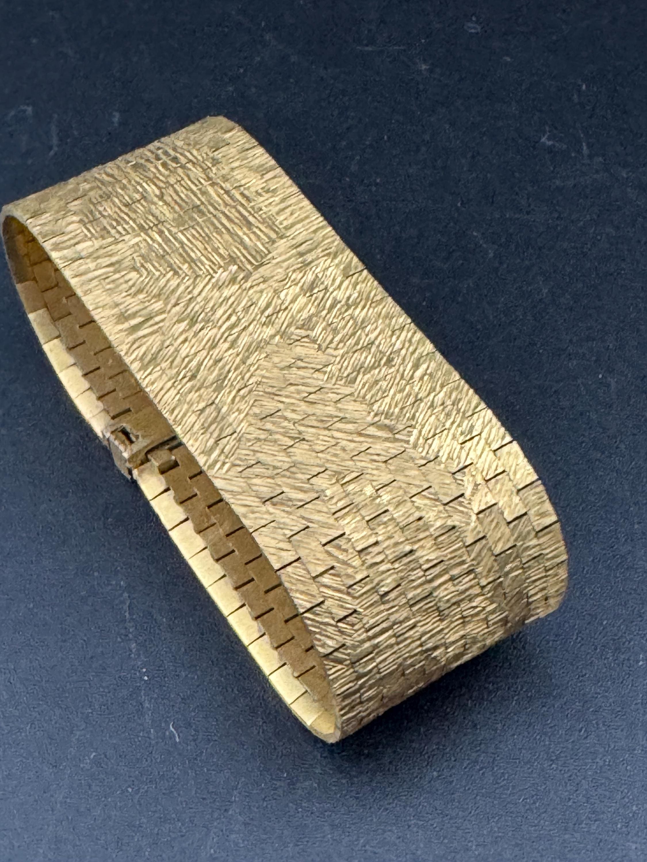 Vintage 1970s articulated flat gold plated textured wide cuff wrap bracelet 17.5cm x 2.75cm