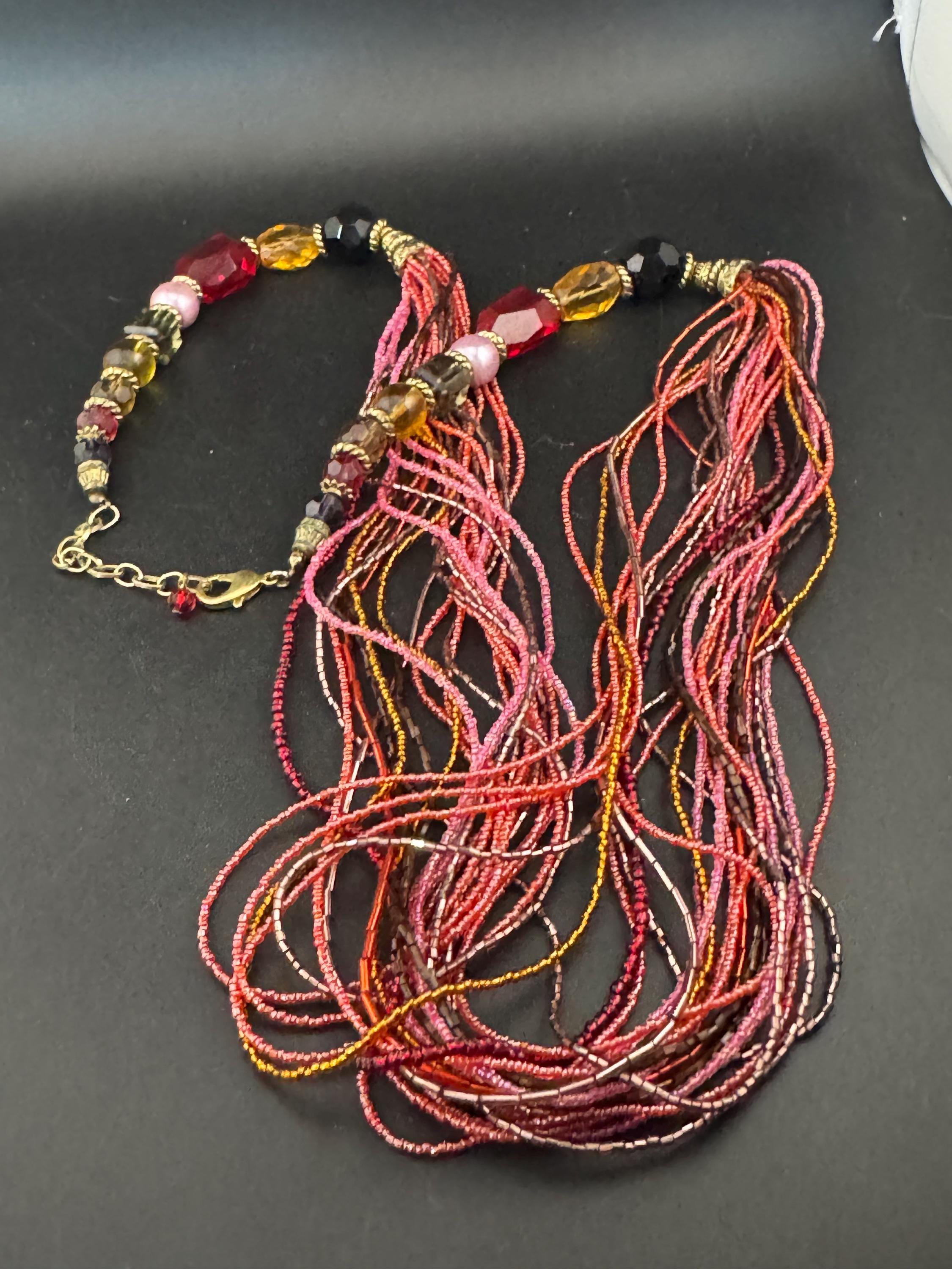 Vintage Pink & Red Seed Bead Waterfall Necklace: Chunky Glass Beads