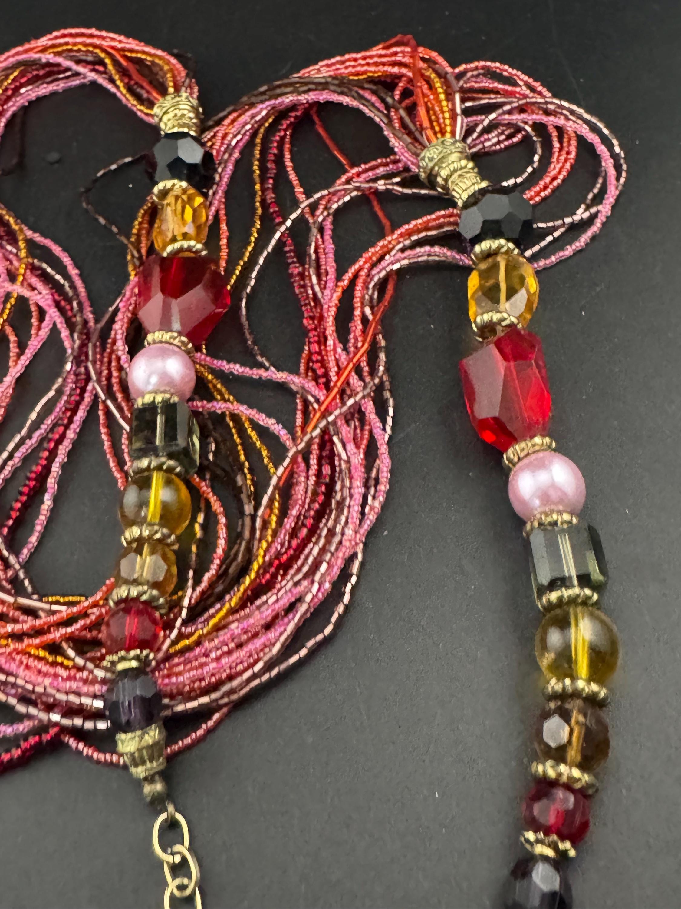 Vintage Pink & Red Seed Bead Waterfall Necklace: Chunky Glass Beads