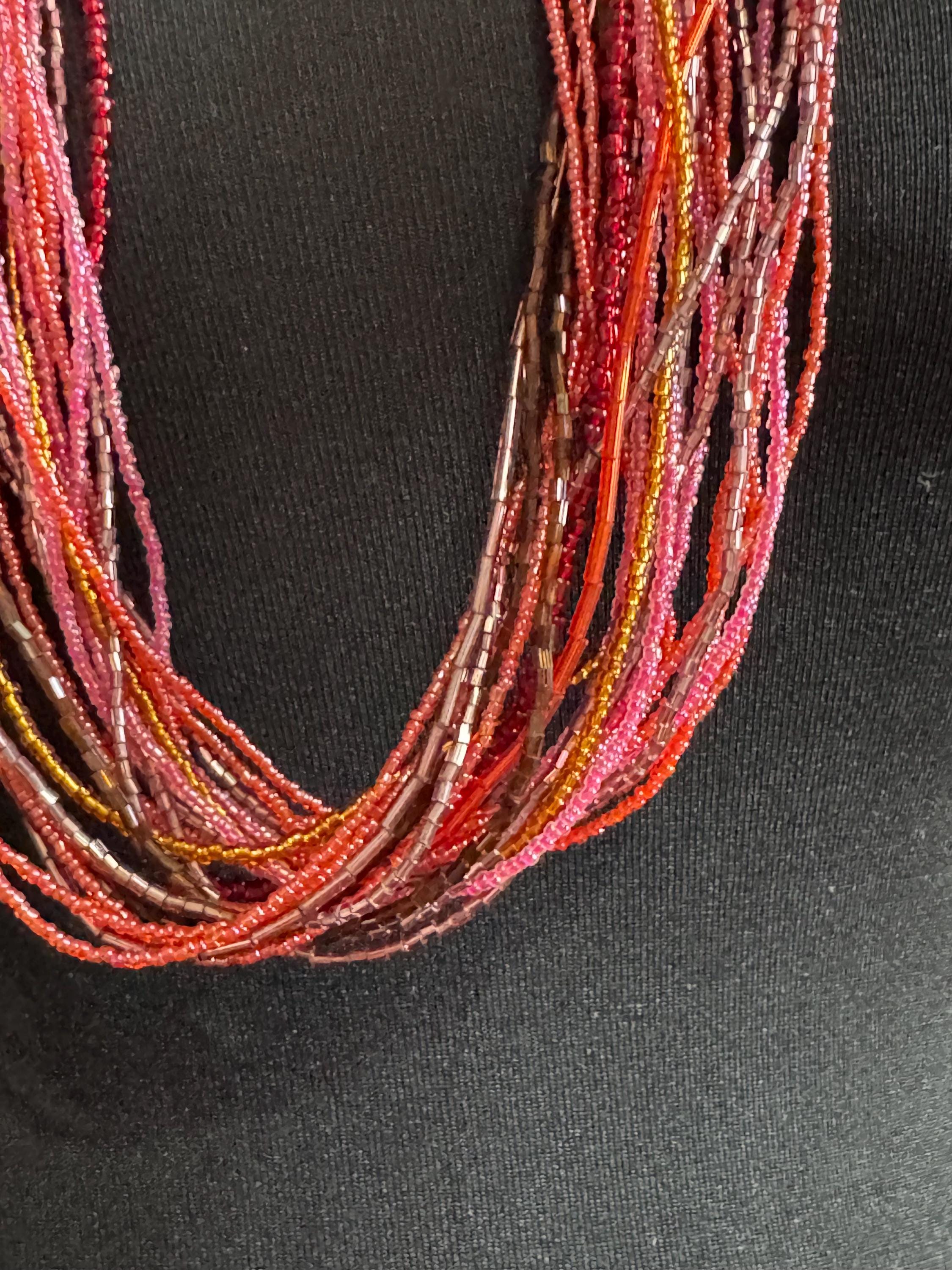 Vintage Pink & Red Seed Bead Waterfall Necklace: Chunky Glass Beads