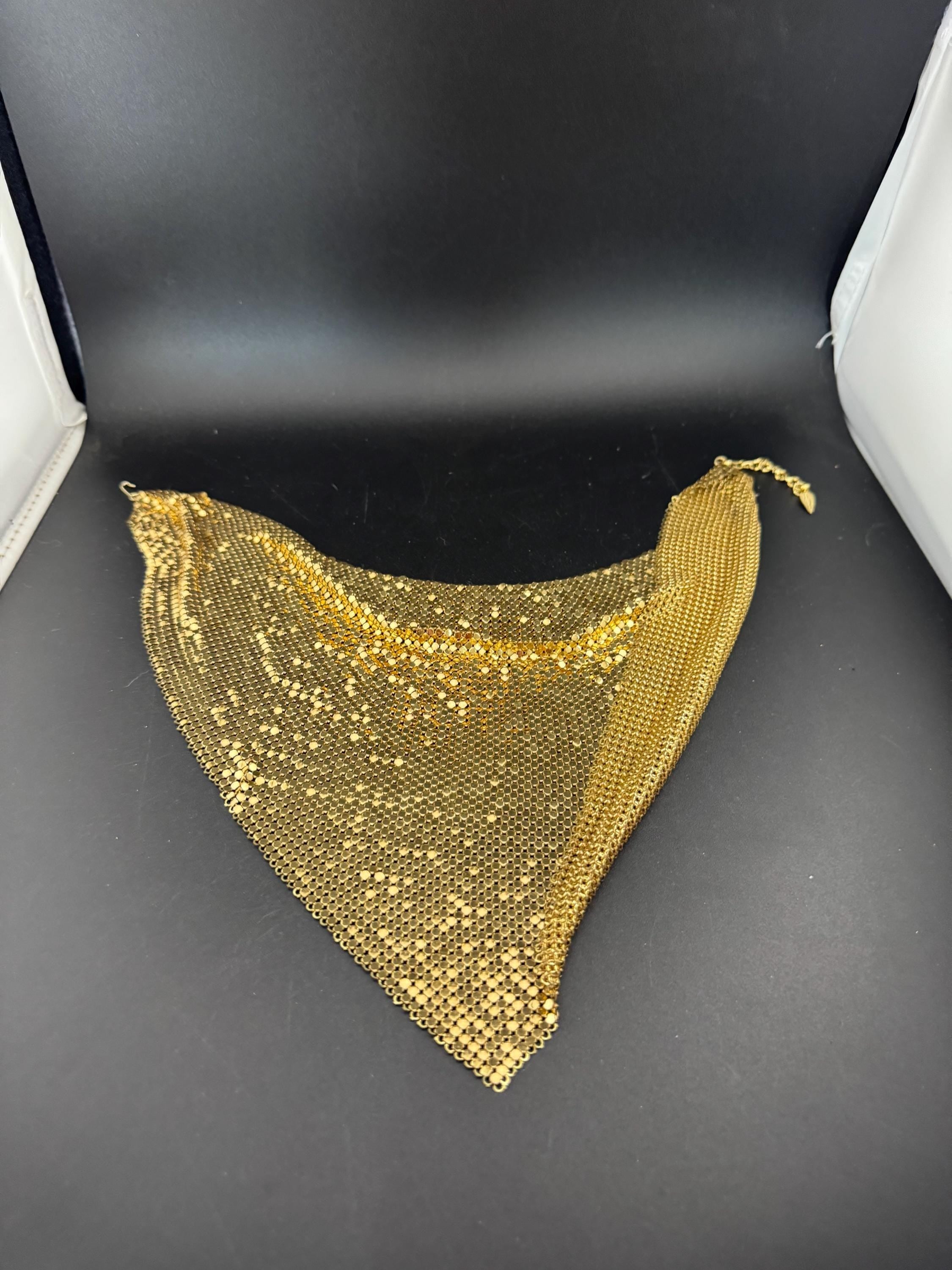 Vintage signed whiting and Davis gold mesh choker bib chainmail necklace