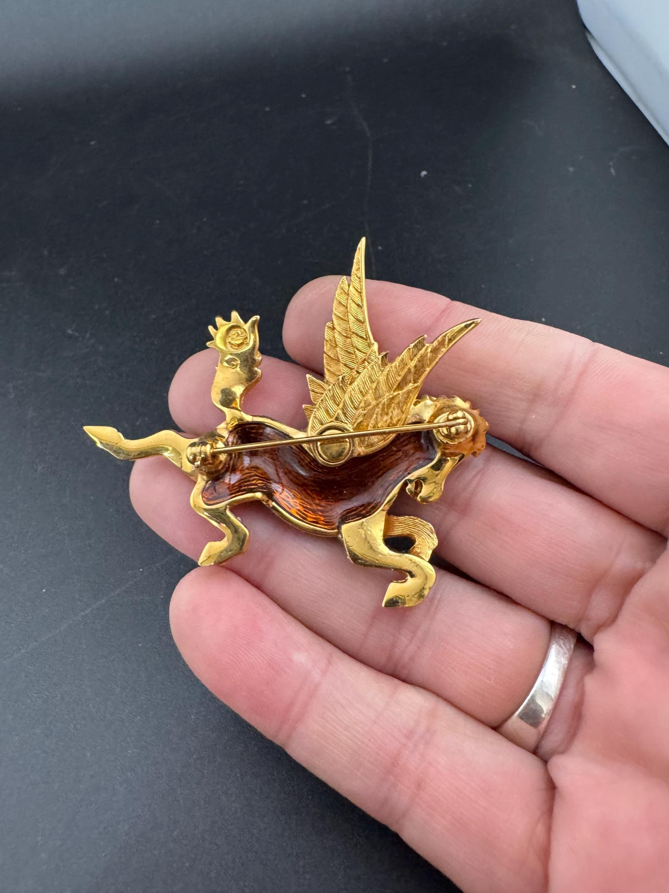 Vintage signed Swarovski mythical Pegasus Pin Brooch, Gold Plated with Clear Crystals