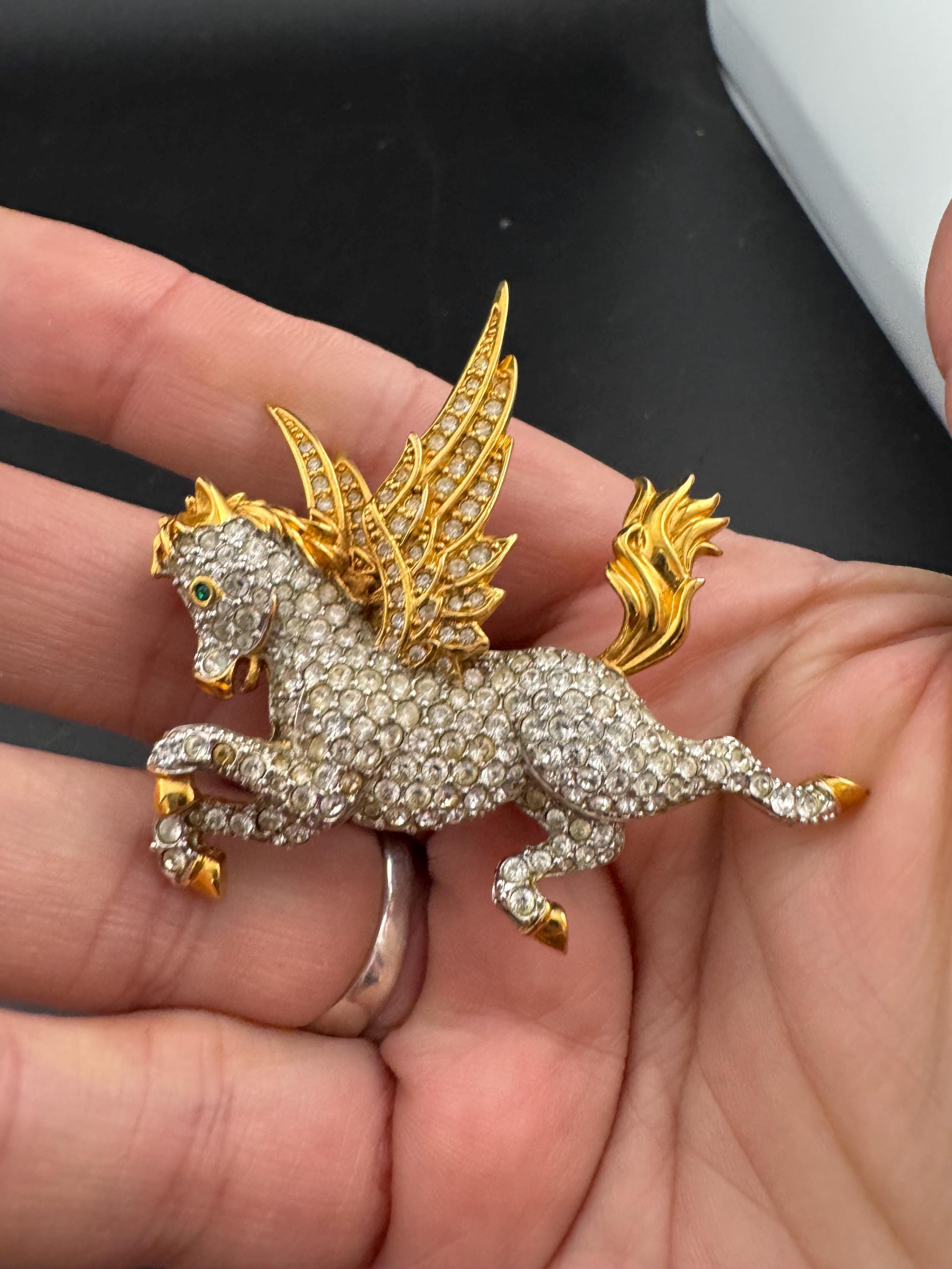 Vintage signed Swarovski mythical Pegasus Pin Brooch, Gold Plated with Clear Crystals