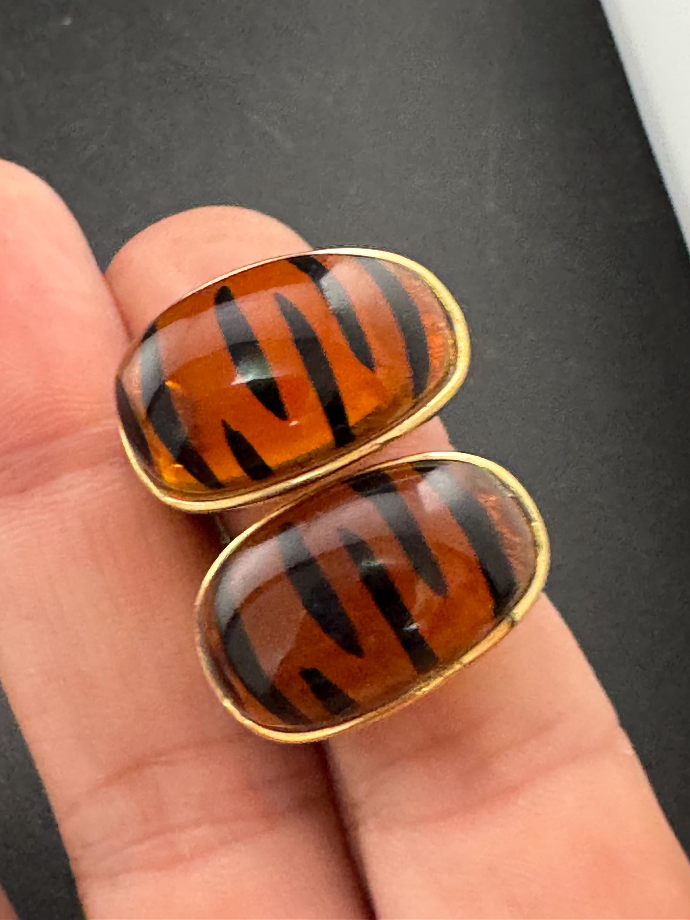 Retro pair brown black animal tiger print, gold tone 2.5cm acrylic stud clip on earrings, big cat