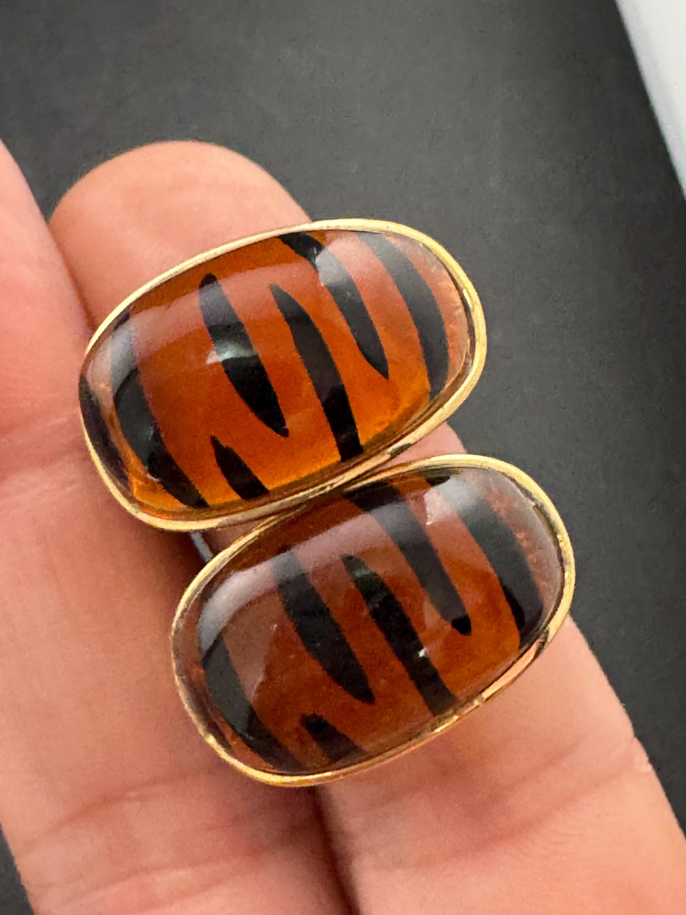 Retro pair brown black animal tiger print, gold tone 2.5cm acrylic stud clip on earrings, big cat