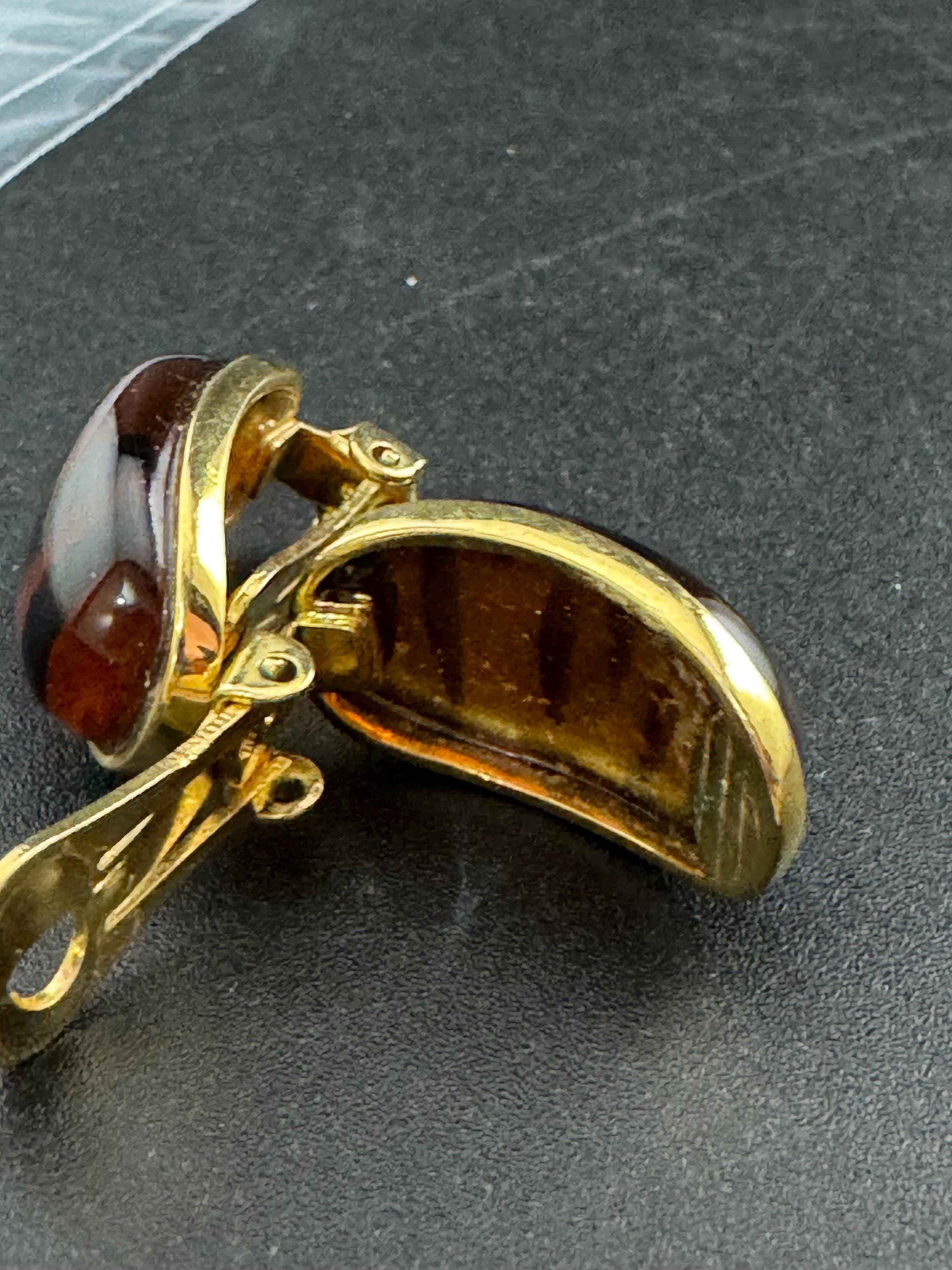 Retro pair brown black animal tiger print, gold tone 2.5cm acrylic stud clip on earrings, big cat