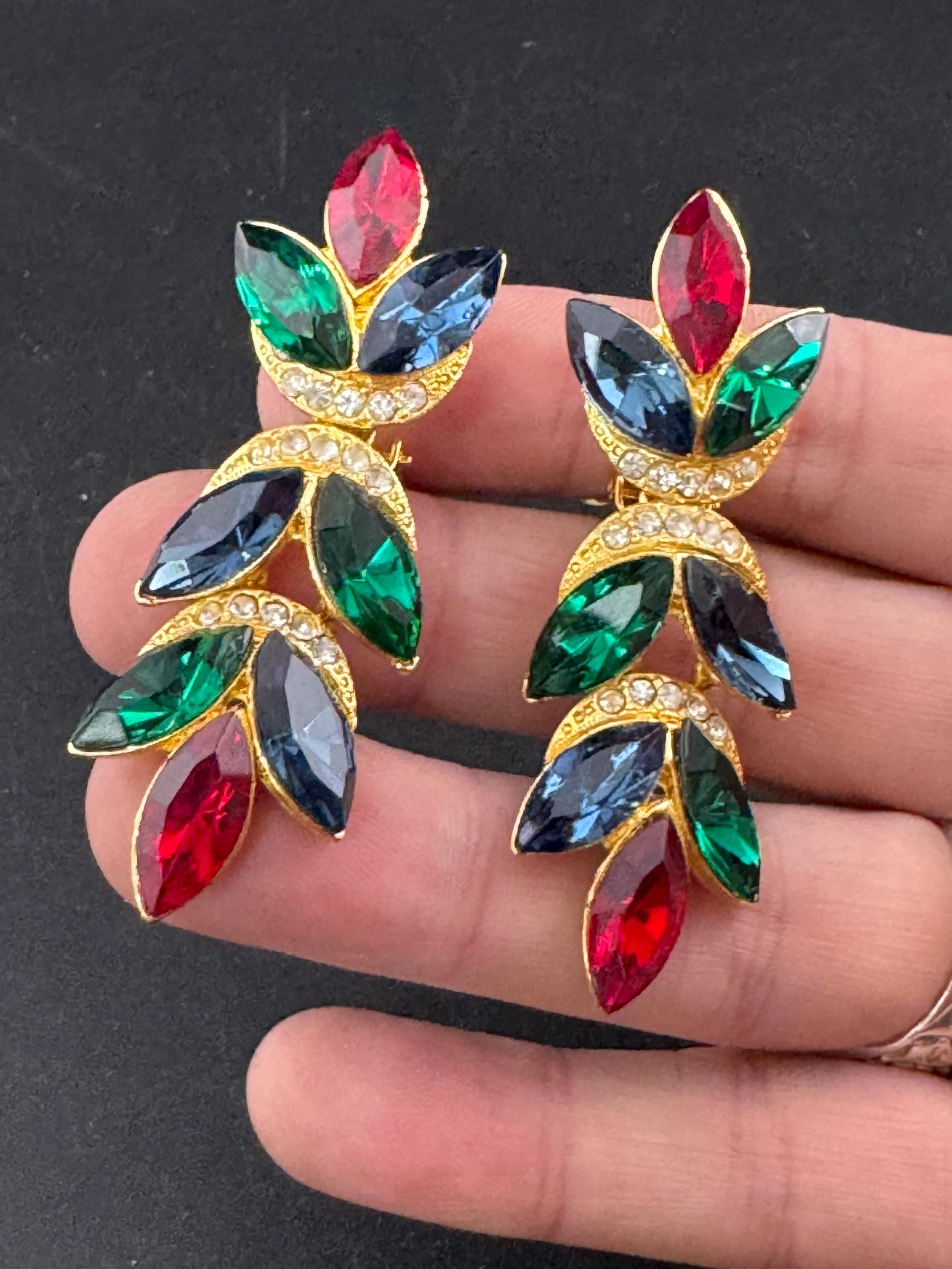 Vintage Swarovski Crystal Clip On Earrings: Ruby Red, Emerald Green, Sapphire Blue