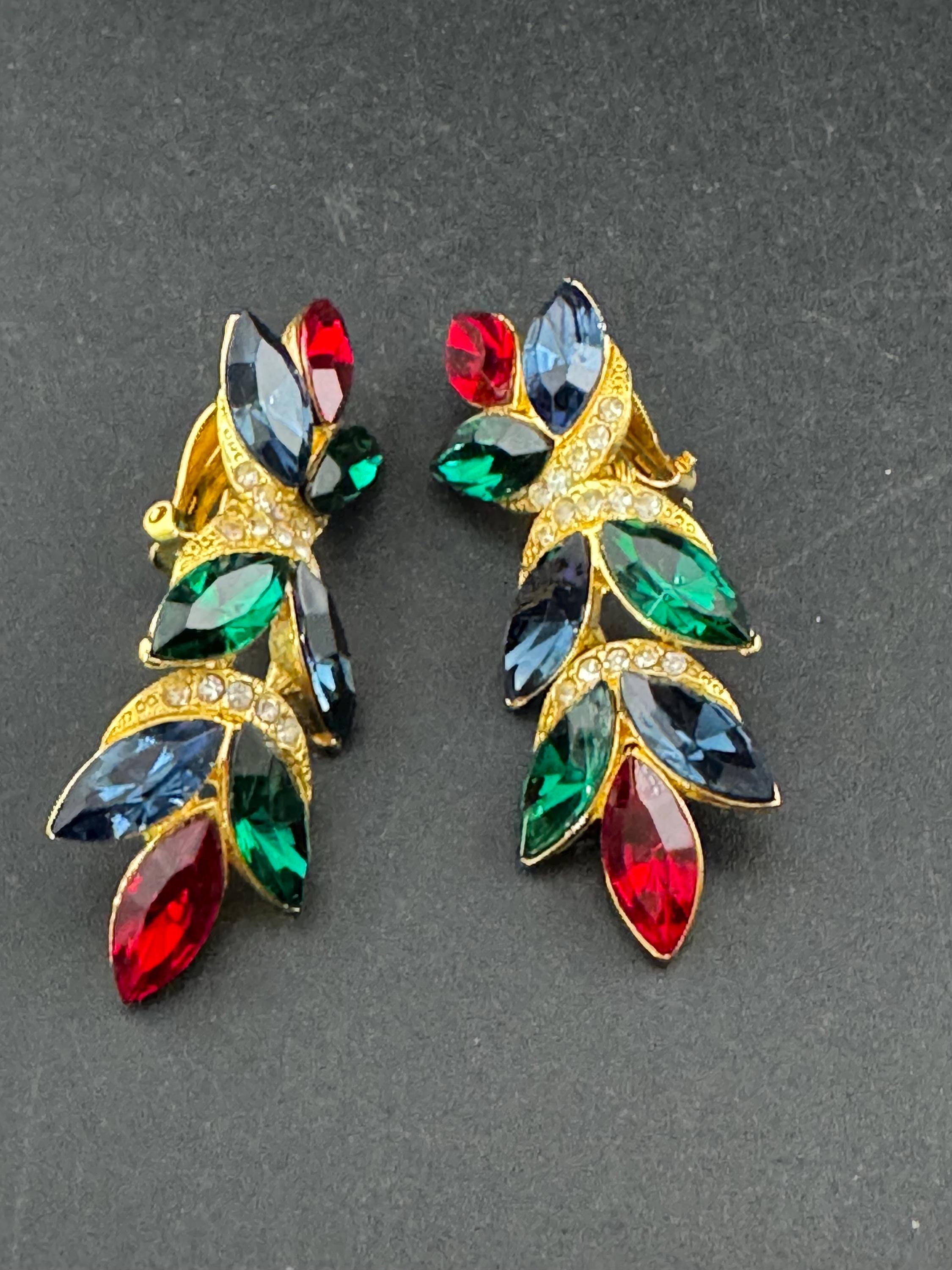 Vintage Swarovski Crystal Clip On Earrings: Ruby Red, Emerald Green, Sapphire Blue
