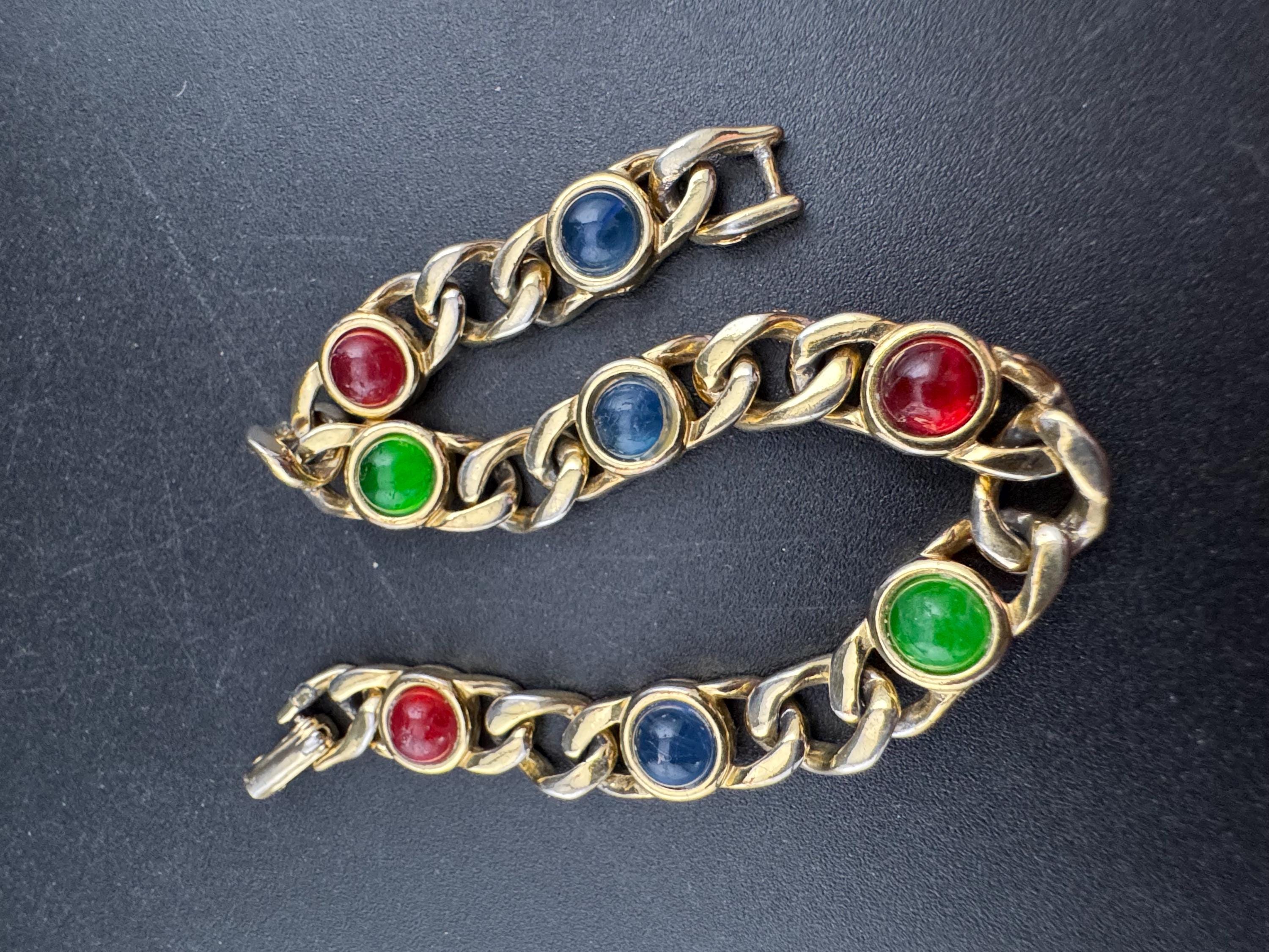 Retro Gold Tone slimtennis Bracelet set with red green and blue glass cabochons