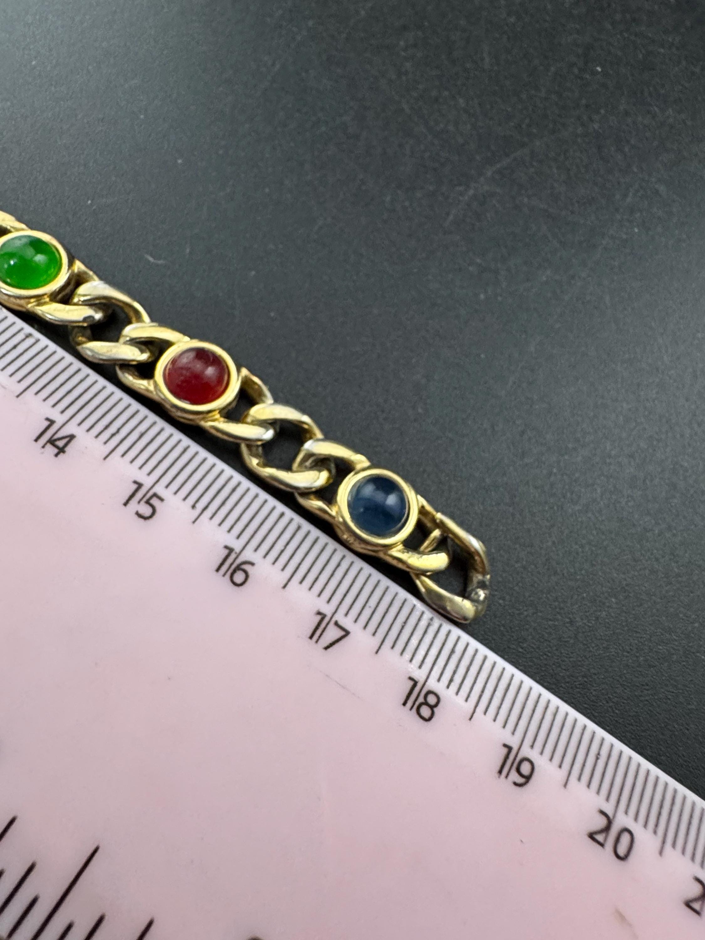 Retro Gold Tone slimtennis Bracelet set with red green and blue glass cabochons