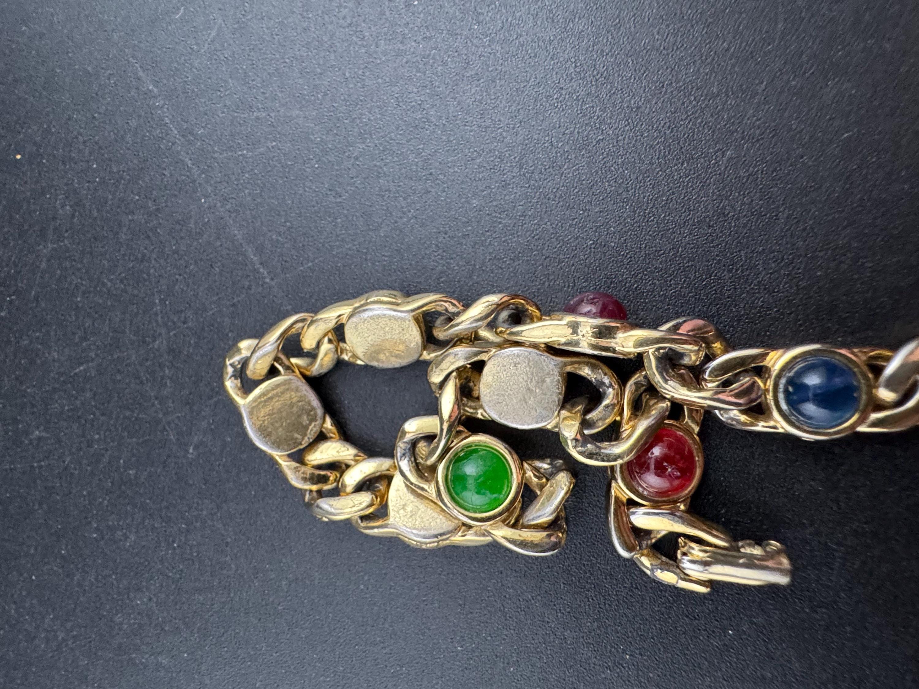 Retro Gold Tone slimtennis Bracelet set with red green and blue glass cabochons