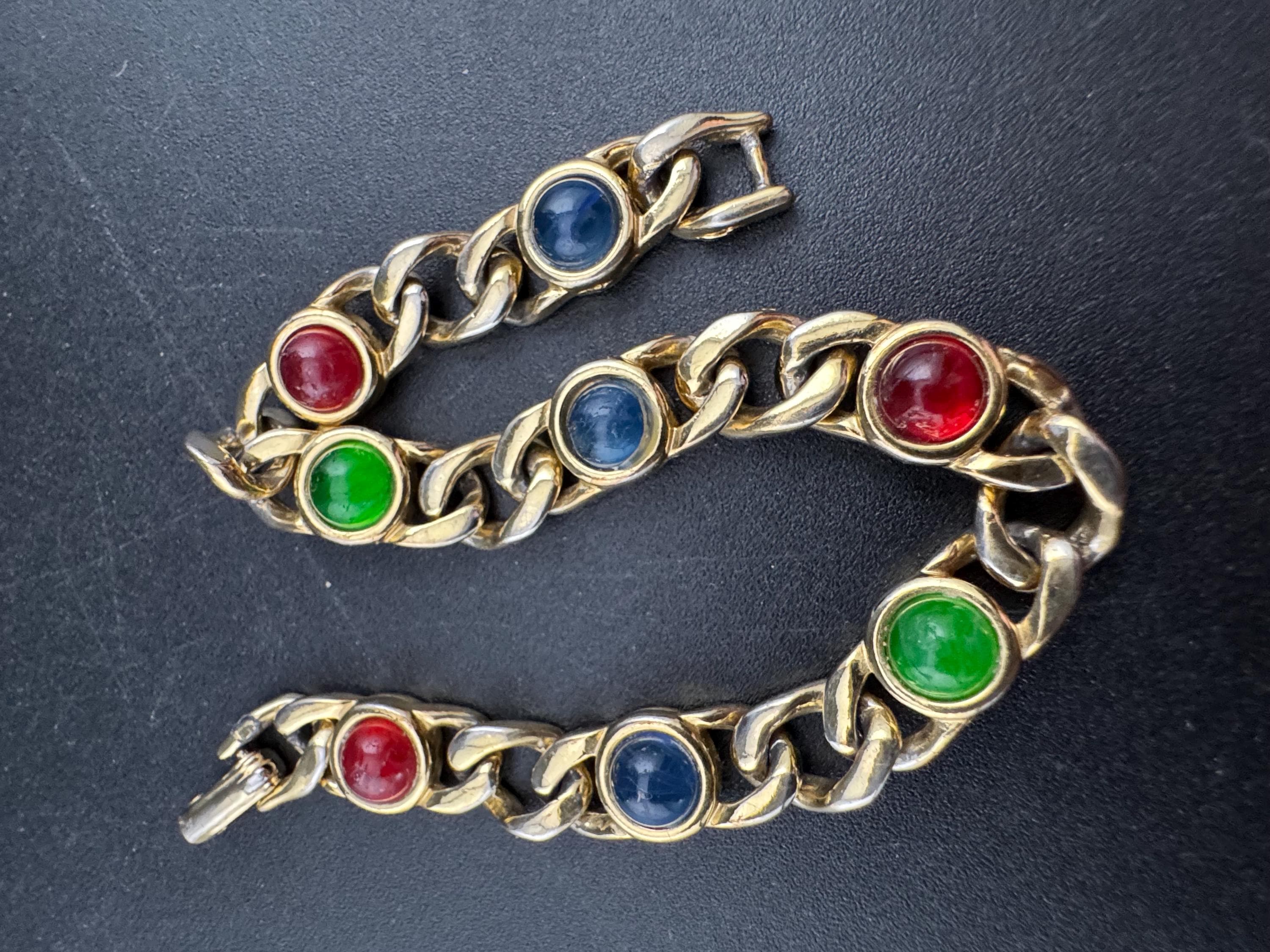 Retro Gold Tone slimtennis Bracelet set with red green and blue glass cabochons