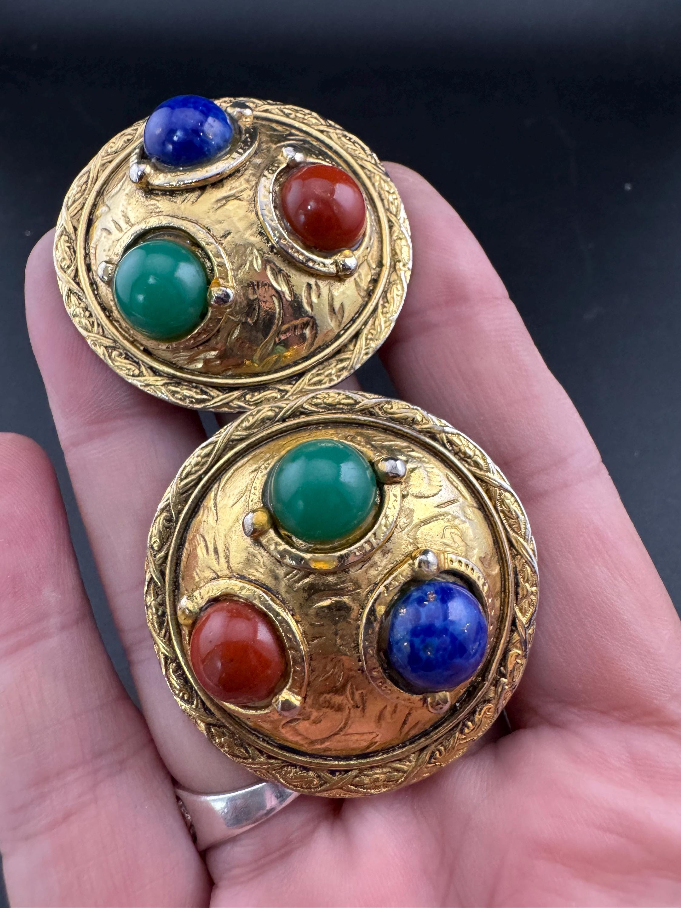 Signed French Abbey Road, Vintage 1980s Cabochon Clip On Earrings