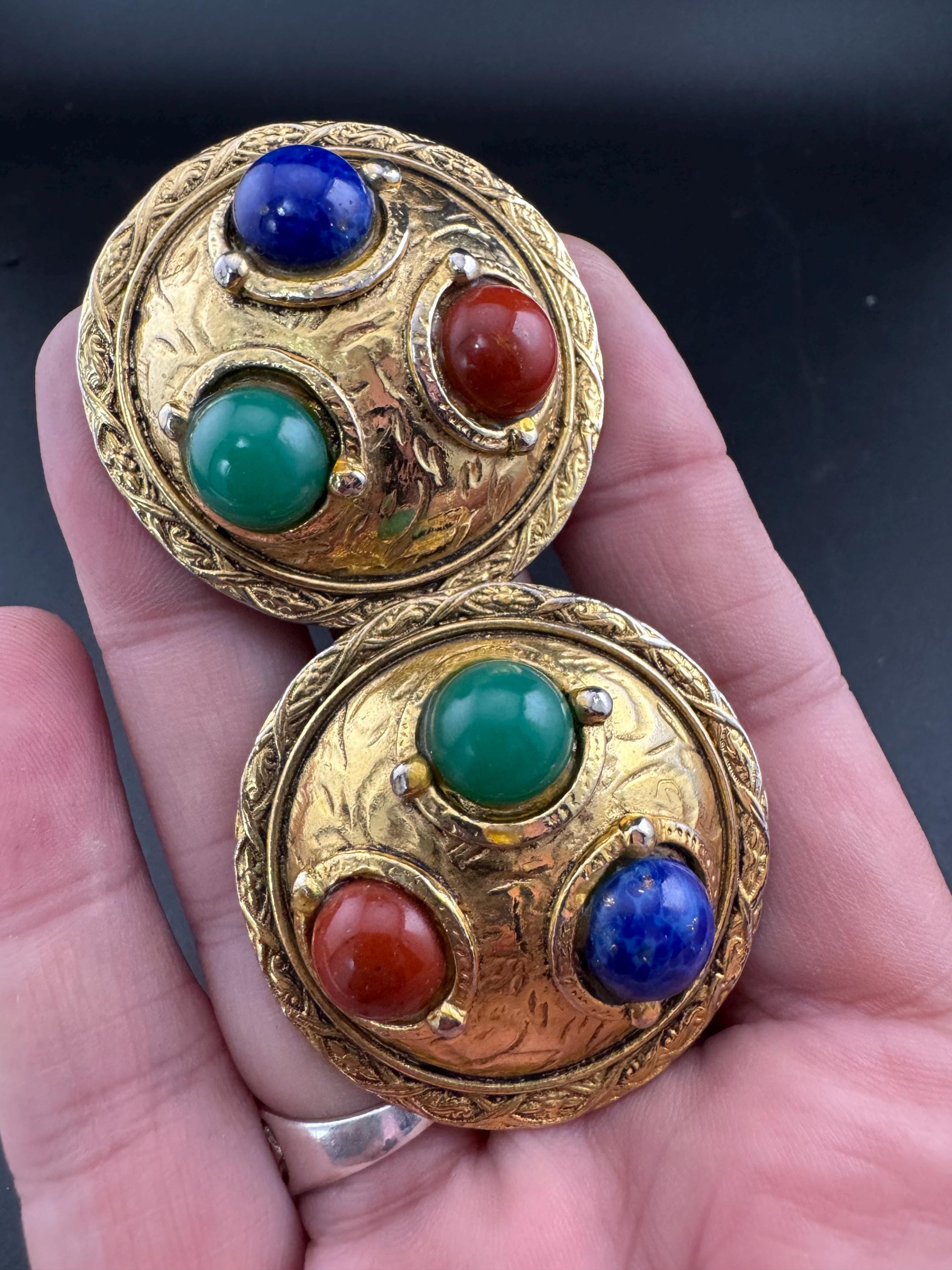 Signed French Abbey Road, Vintage 1980s Cabochon Clip On Earrings