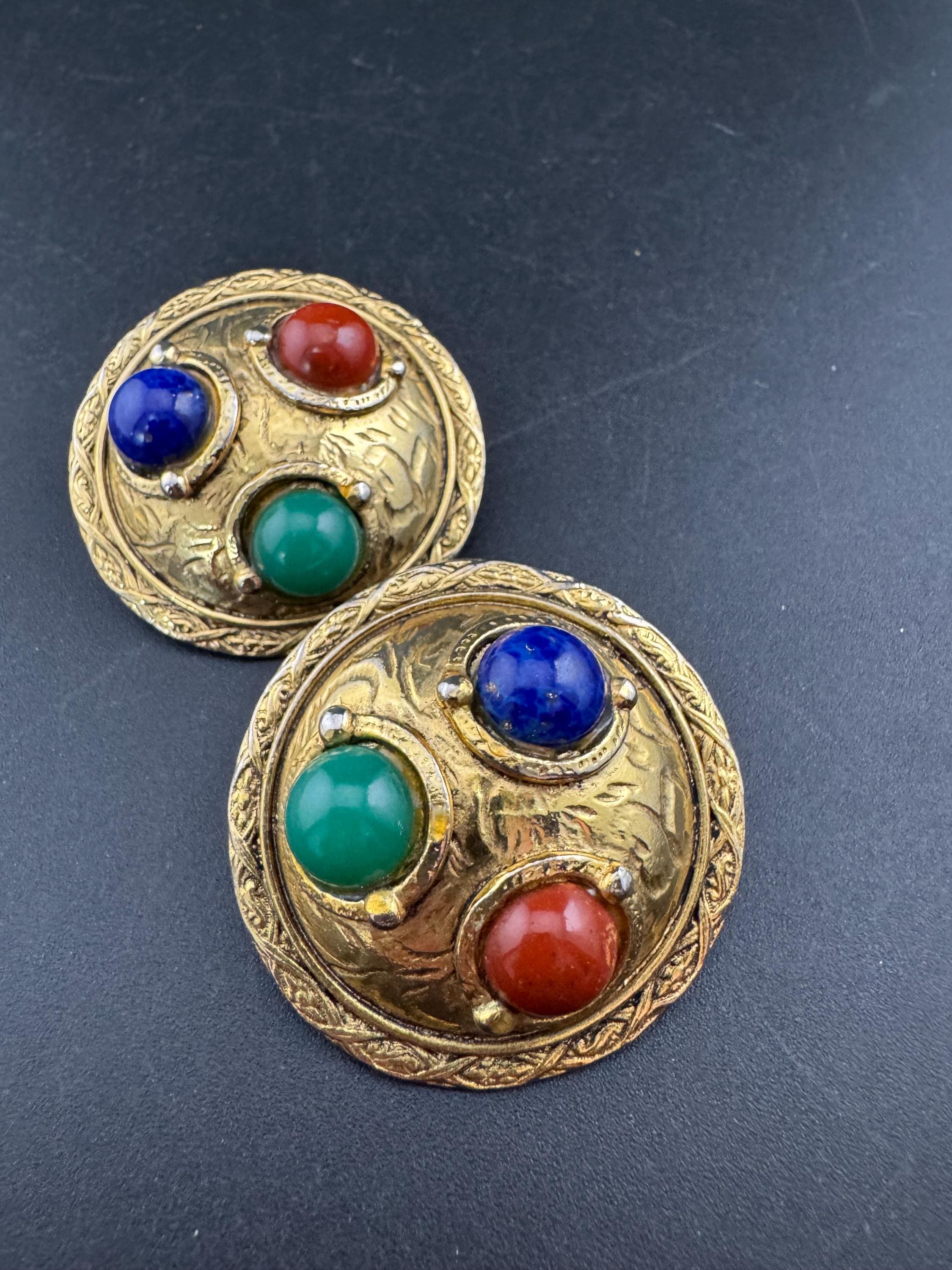 Signed French Abbey Road, Vintage 1980s Cabochon Clip On Earrings